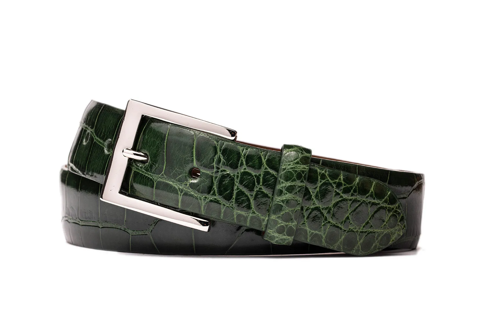 1-1/4" Glazed American Alligator Belt with Nickel and Gold Buckles