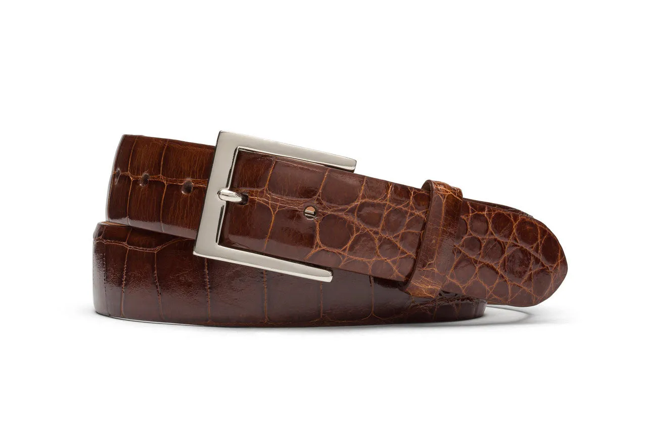 1-1/4" Glazed American Alligator Belt with Nickel and Gold Buckles