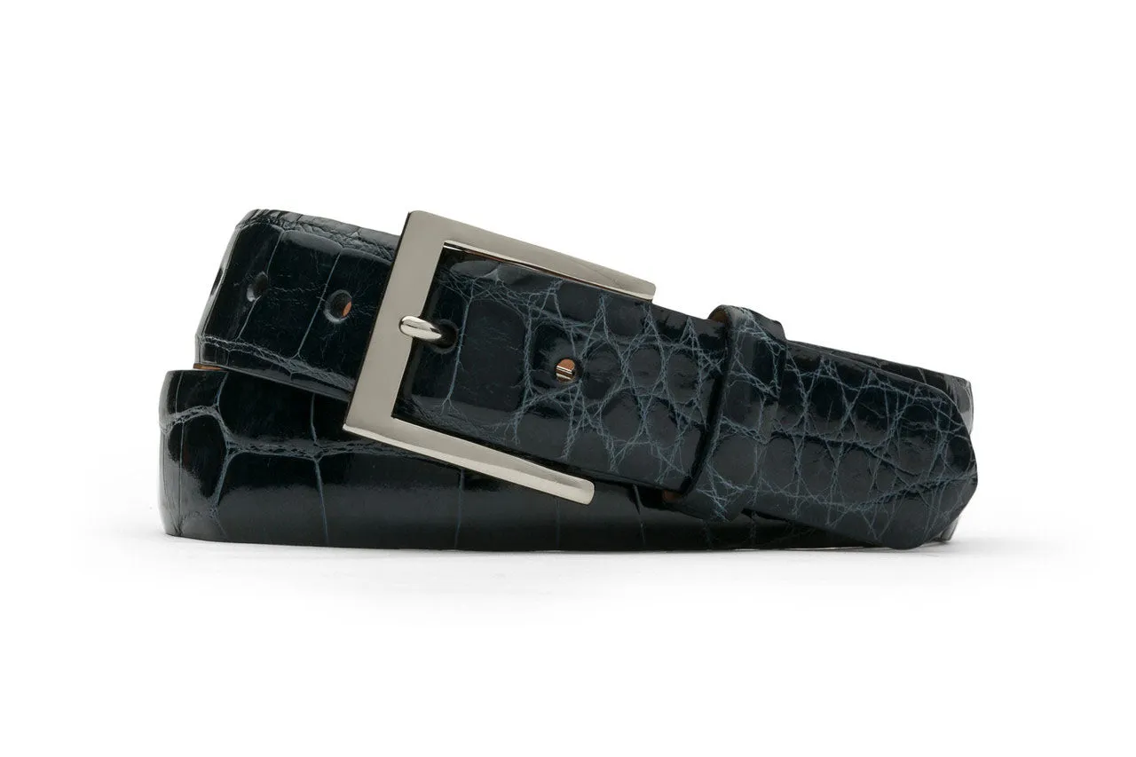 1-1/4" Glazed American Alligator Belt with Nickel and Gold Buckles
