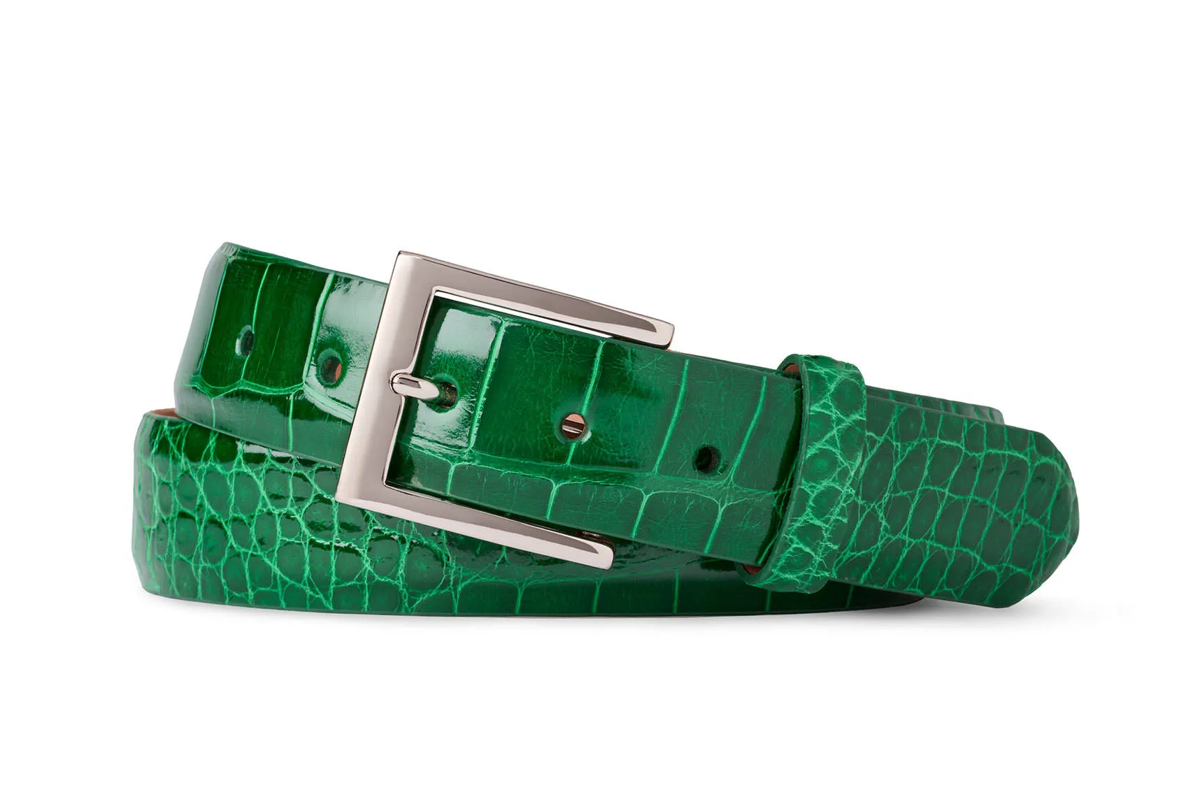 1-1/4" Glazed American Alligator Belt with Nickel and Gold Buckles