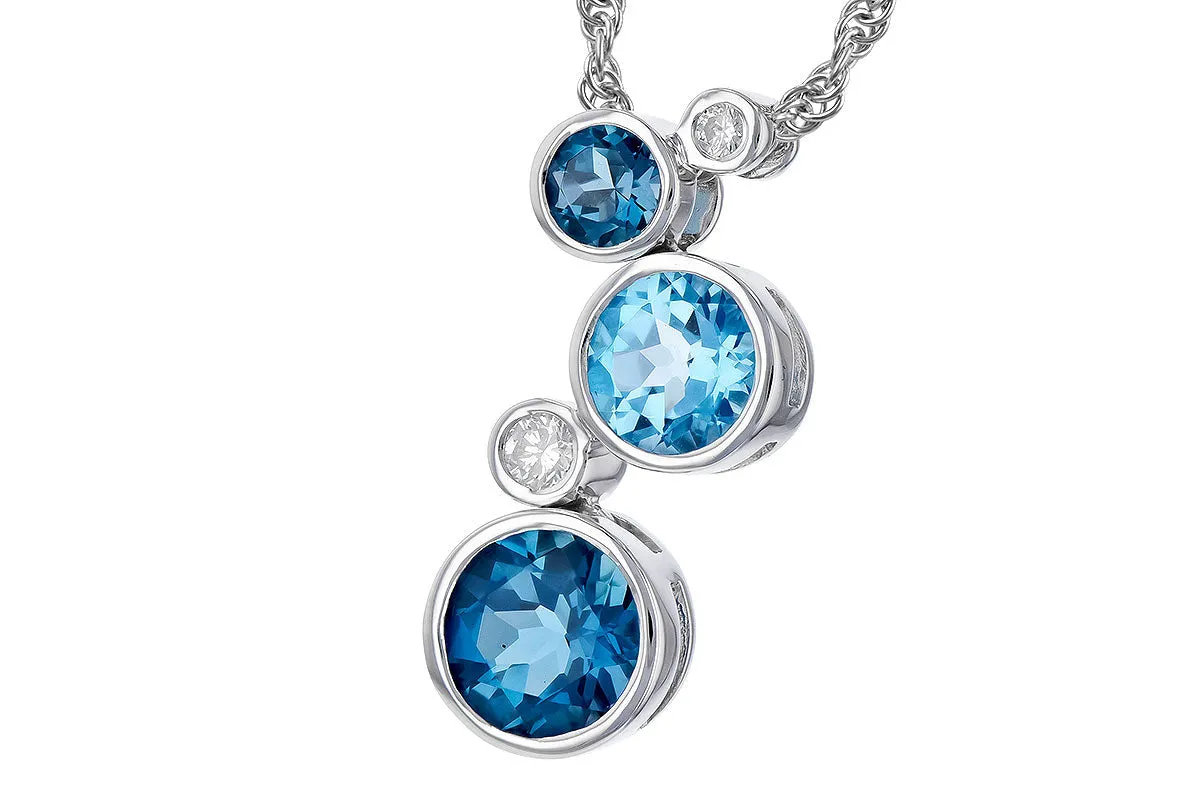 14K White Gold Swiss & London Blue Topaz and Diamond Bezel Set Bubble Necklace