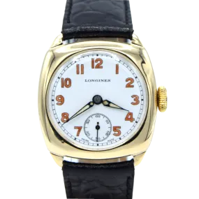1942 Classic elegant Longines solid 9ct gold cushion Watch with Enamel Dial and Arabic Numerals