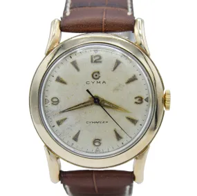 1954 Cyma Cymaflex Wristwatch Bombe Style Lugs and Mixed Arabic and Arrow Batons in Solid 9ct Gold with Original Box
