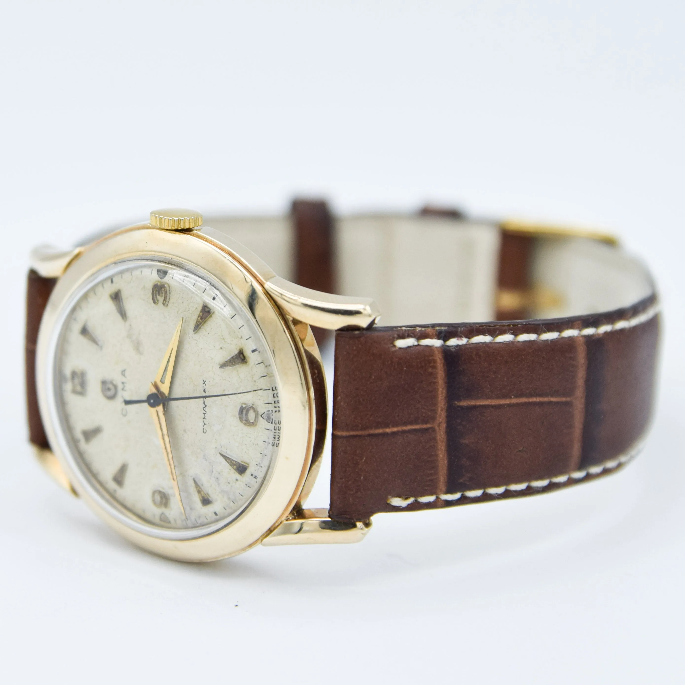 1954 Cyma Cymaflex Wristwatch Bombe Style Lugs and Mixed Arabic and Arrow Batons in Solid 9ct Gold with Original Box