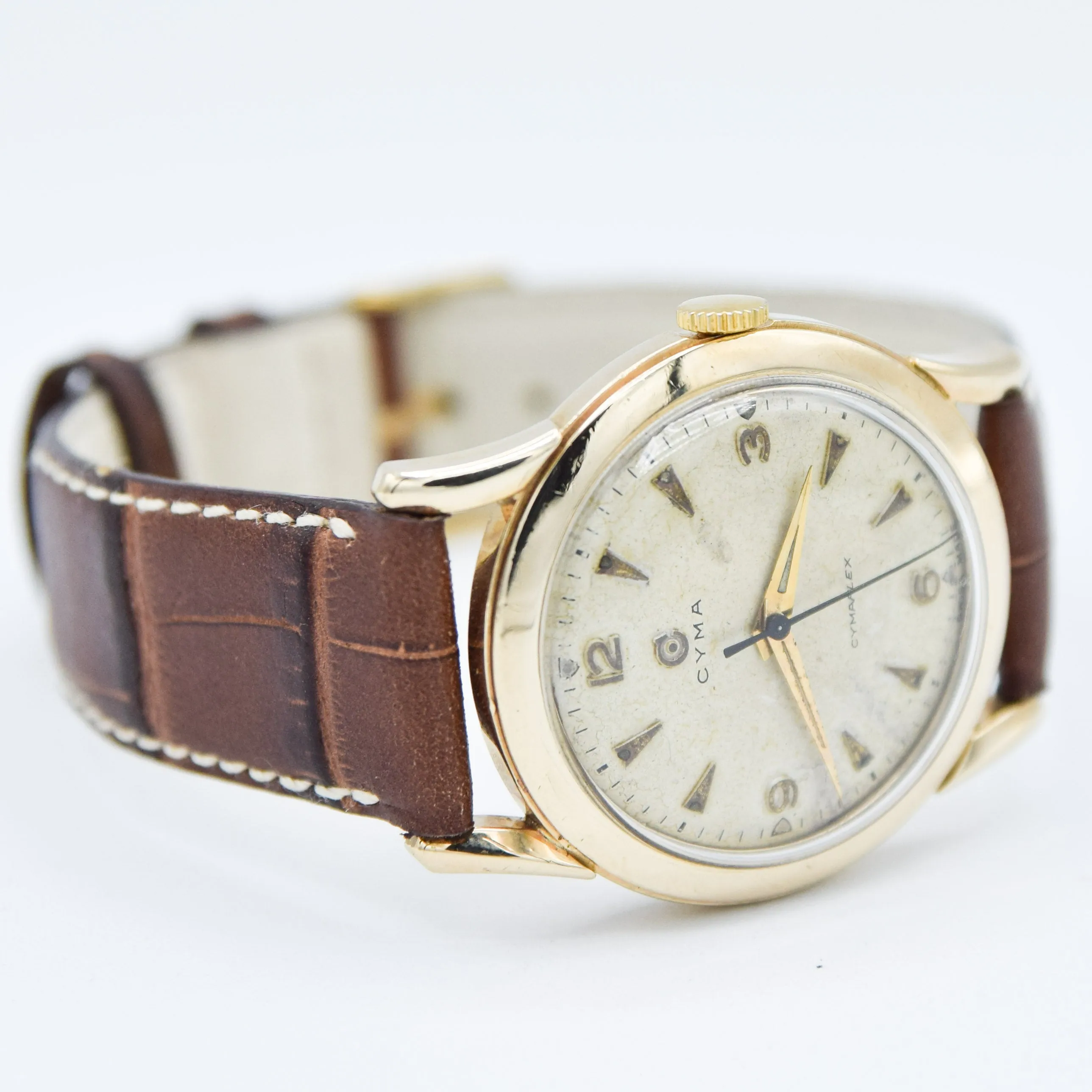 1954 Cyma Cymaflex Wristwatch Bombe Style Lugs and Mixed Arabic and Arrow Batons in Solid 9ct Gold with Original Box