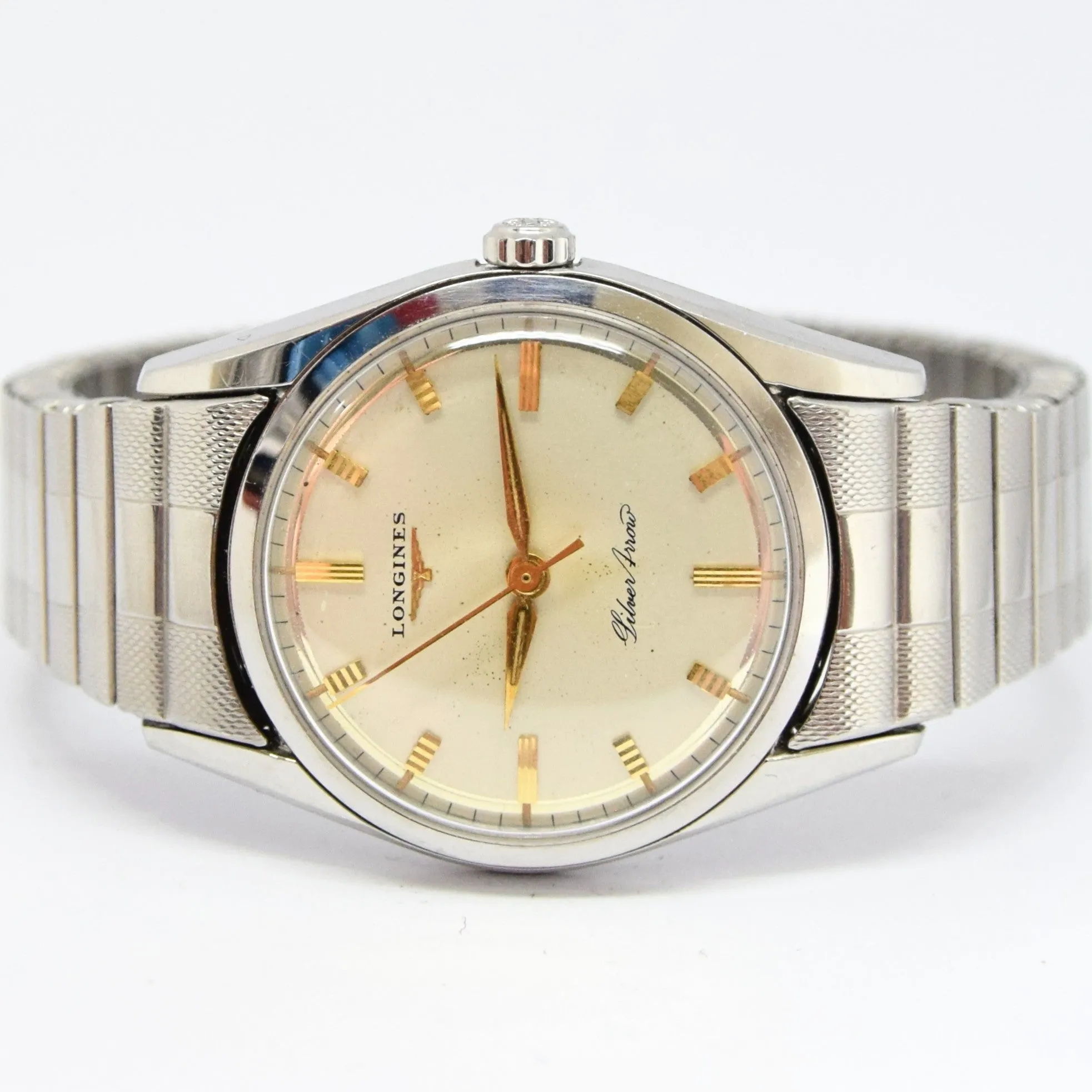 1957 Longines Silver Arrow Manual Wind in Stainless Steel on Rare Longines Fixoflex Bracelet Model 9100 & Archive Extract
