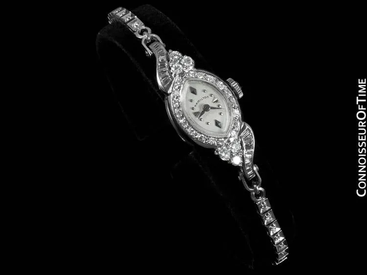 1960's Hamilton Vintage Ladies Bracelet Watch - 14K White Gold & Diamonds