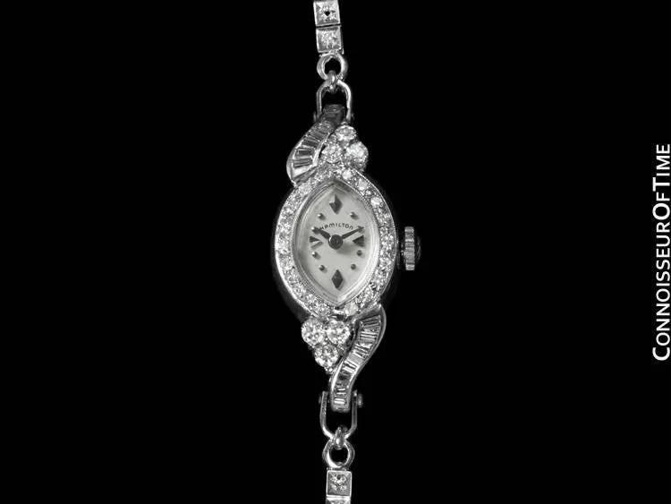 1960's Hamilton Vintage Ladies Bracelet Watch - 14K White Gold & Diamonds