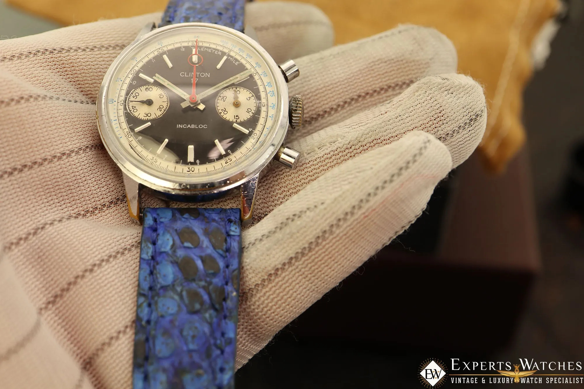 1970's Vintage Clinton 17 Watch Co France Chronograph Valjoux 7733 Panda Dial