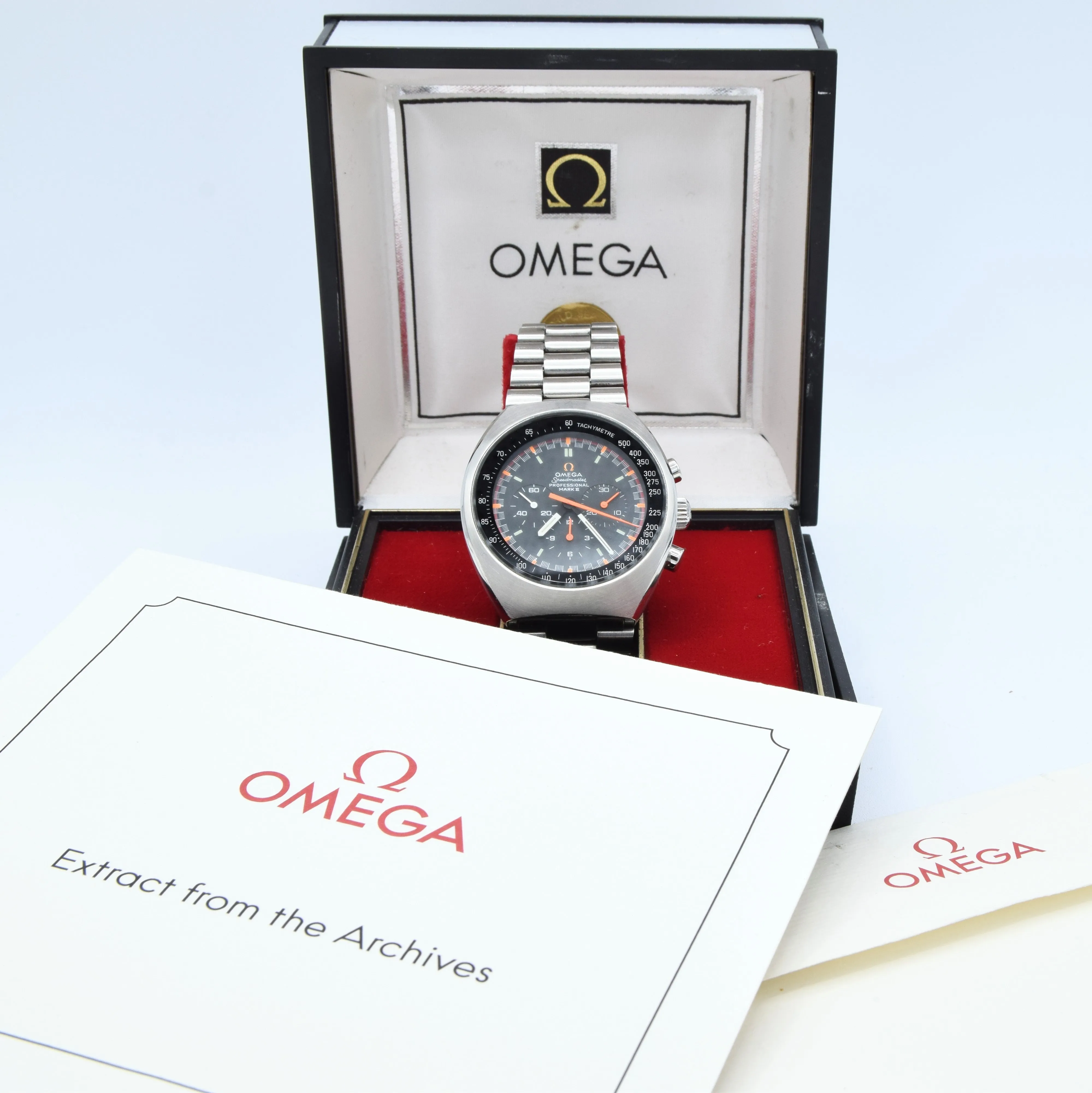 1973 Rare & Unusual Omega Speedmaster Professional Mk2 Racing Chronograph 145.014 with Grey & Orange Dial in Stainless Steel on Bracelet with Extract