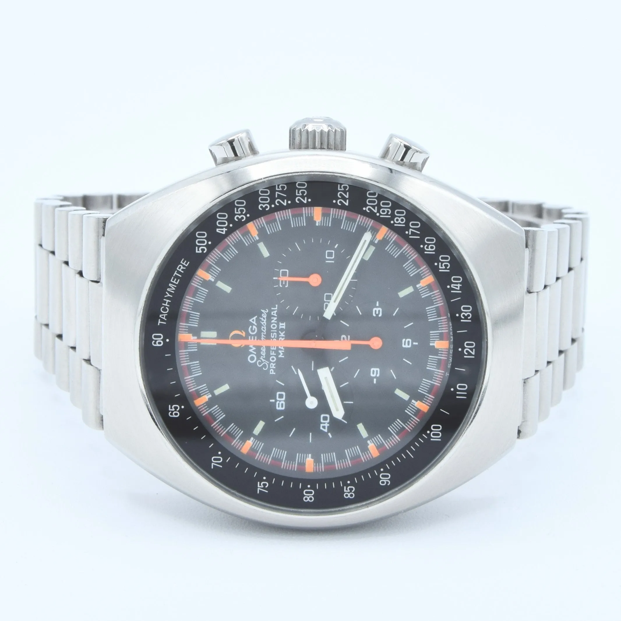 1973 Rare & Unusual Omega Speedmaster Professional Mk2 Racing Chronograph 145.014 with Grey & Orange Dial in Stainless Steel on Bracelet with Extract