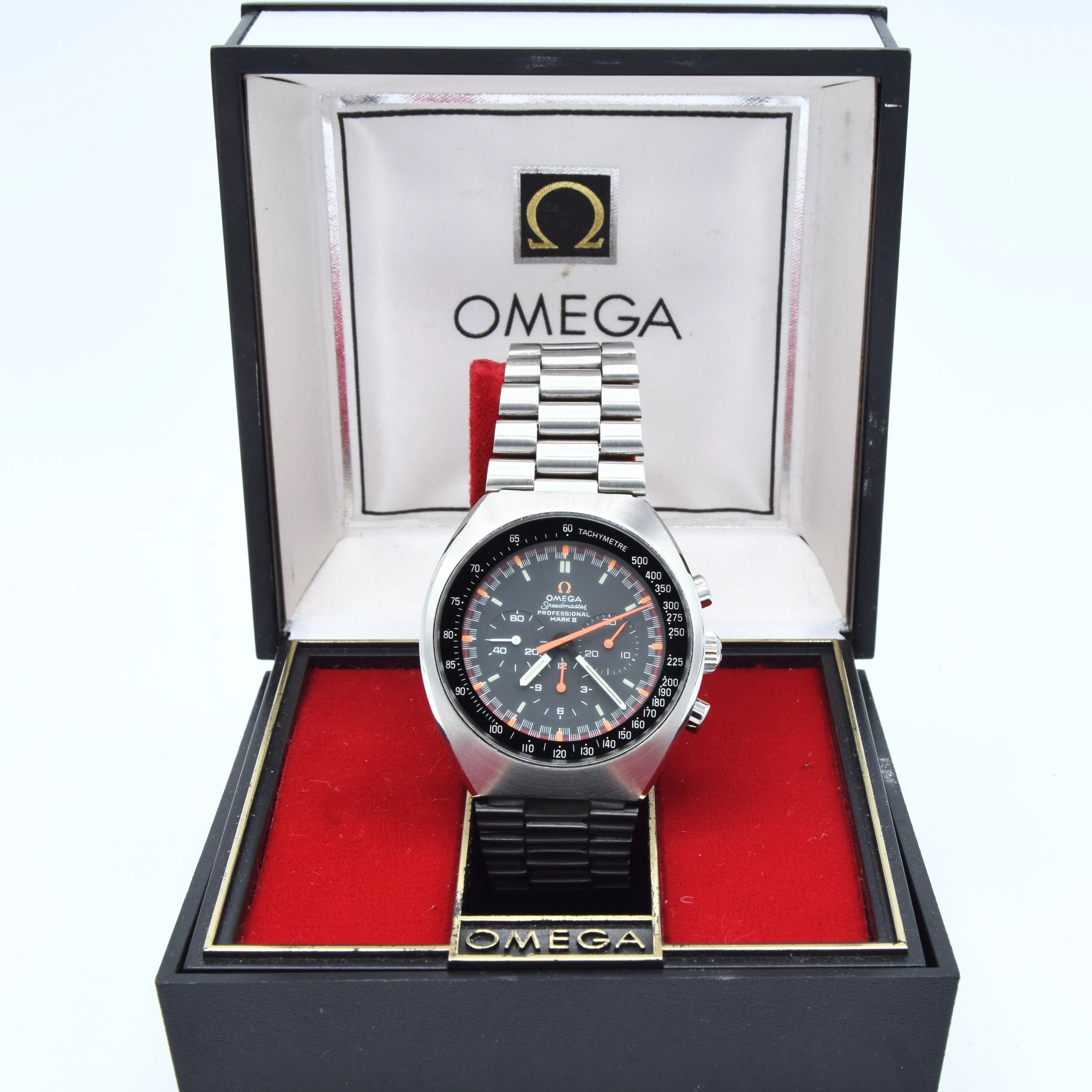 1973 Rare & Unusual Omega Speedmaster Professional Mk2 Racing Chronograph 145.014 with Grey & Orange Dial in Stainless Steel on Bracelet with Extract