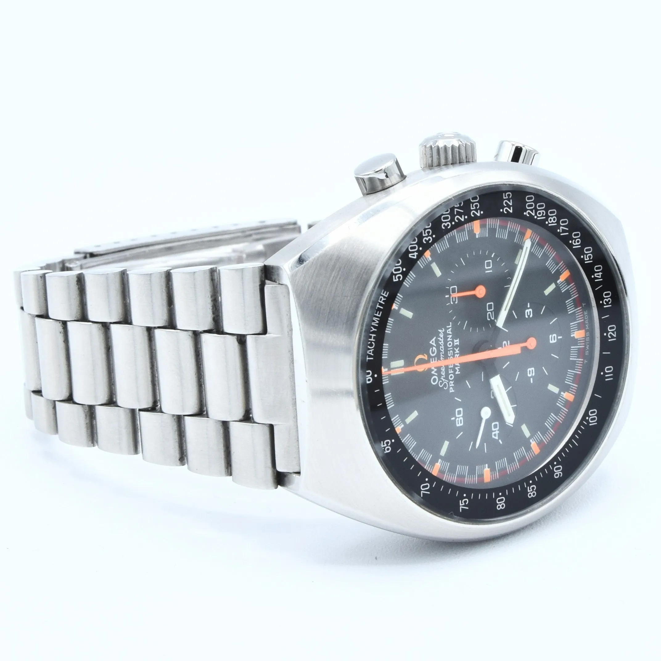 1973 Rare & Unusual Omega Speedmaster Professional Mk2 Racing Chronograph 145.014 with Grey & Orange Dial in Stainless Steel on Bracelet with Extract