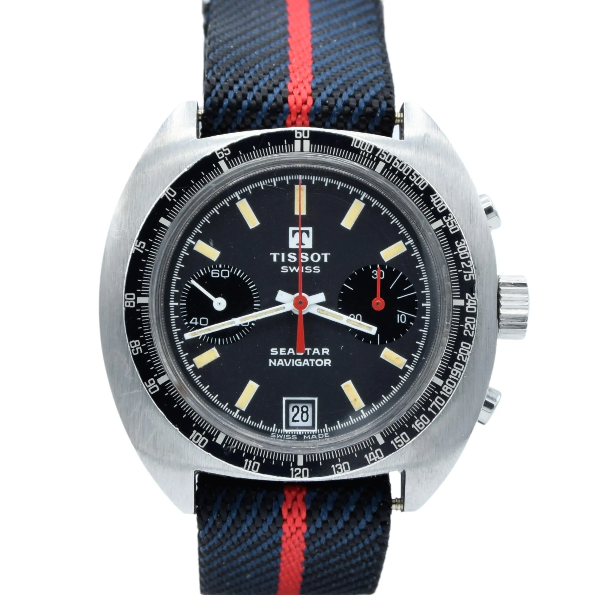 1974 Tissot Seastar Navigator Chronograph Wristwatch Model 40522 in Stainless Steel with Stunning Black Dial