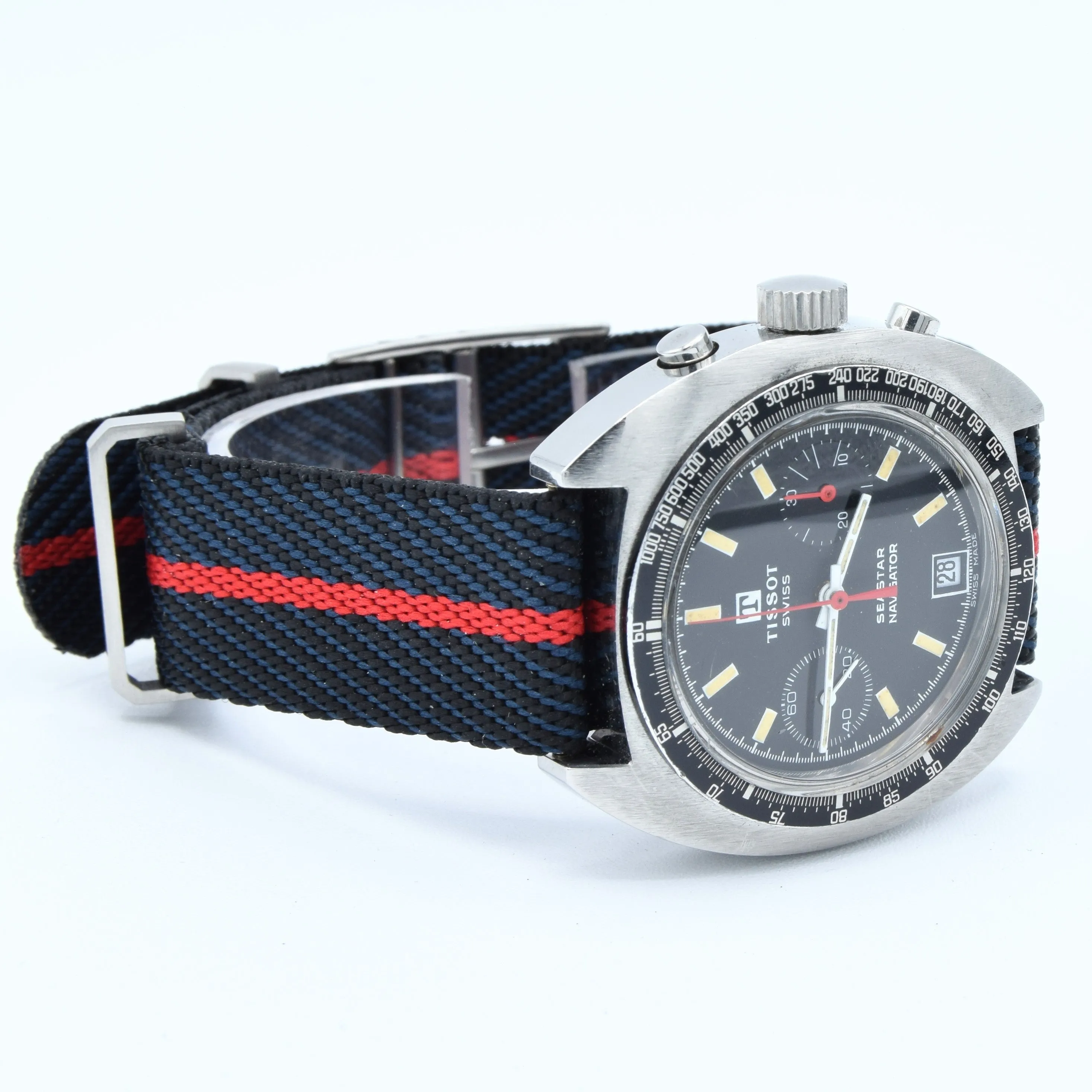 1974 Tissot Seastar Navigator Chronograph Wristwatch Model 40522 in Stainless Steel with Stunning Black Dial
