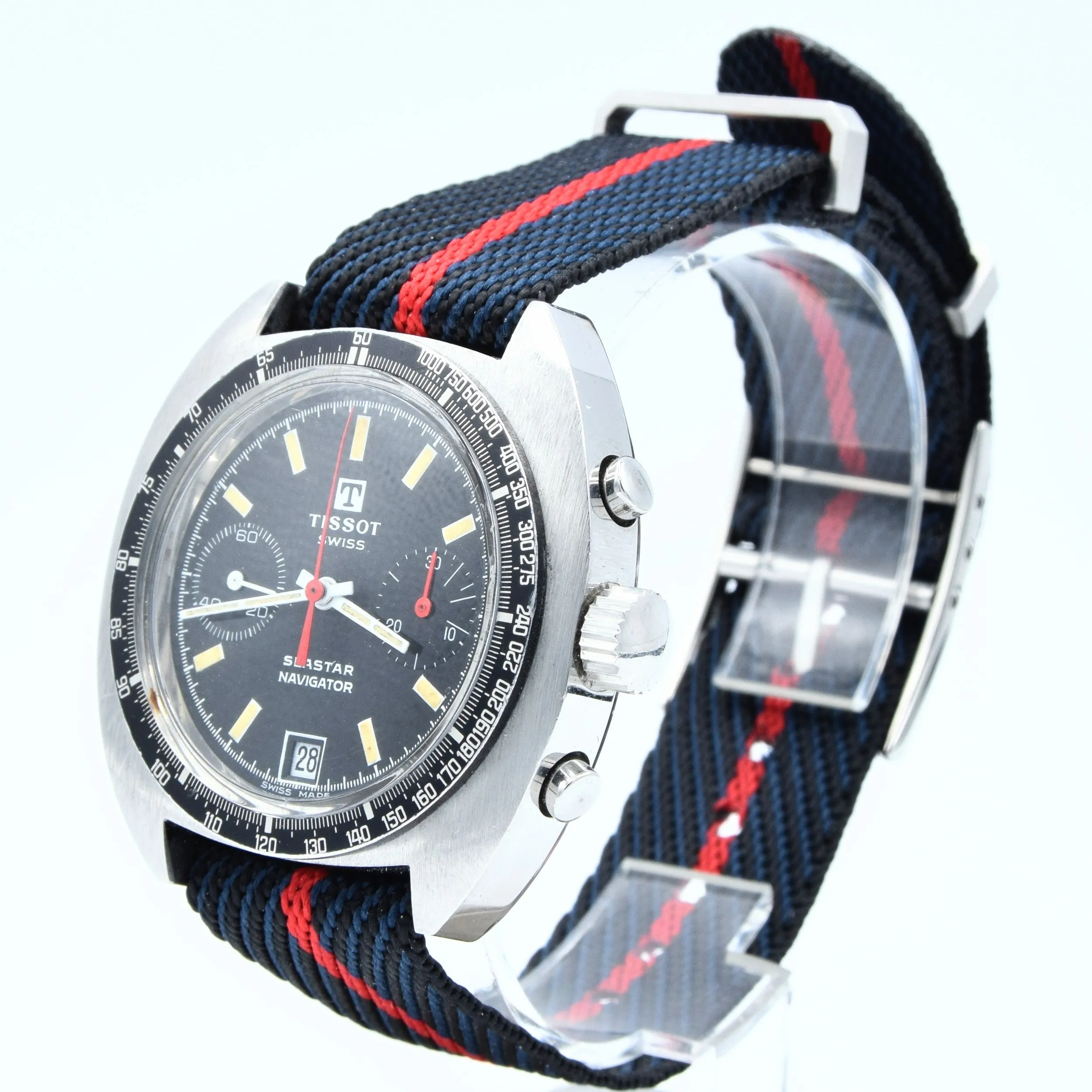1974 Tissot Seastar Navigator Chronograph Wristwatch Model 40522 in Stainless Steel with Stunning Black Dial