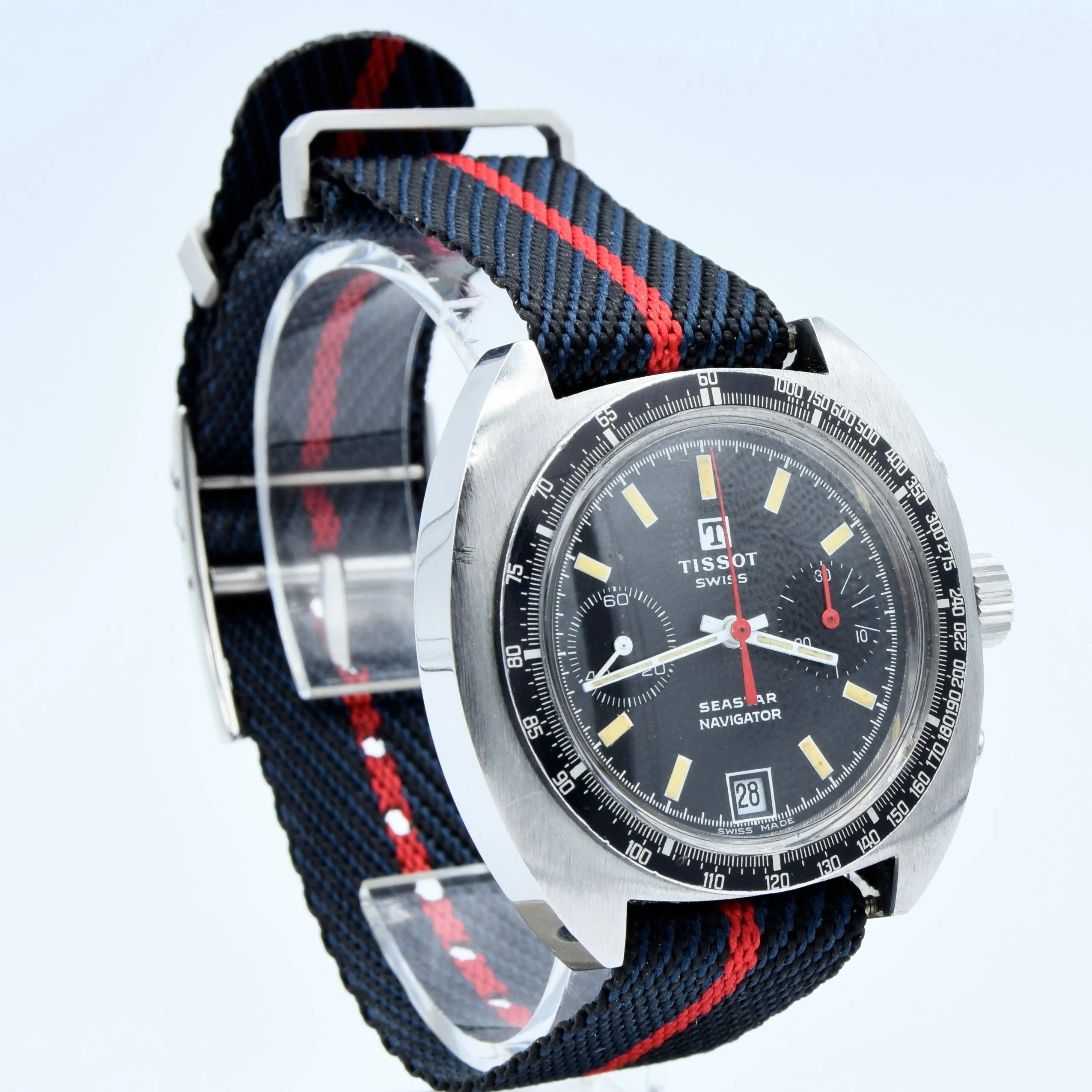 1974 Tissot Seastar Navigator Chronograph Wristwatch Model 40522 in Stainless Steel with Stunning Black Dial
