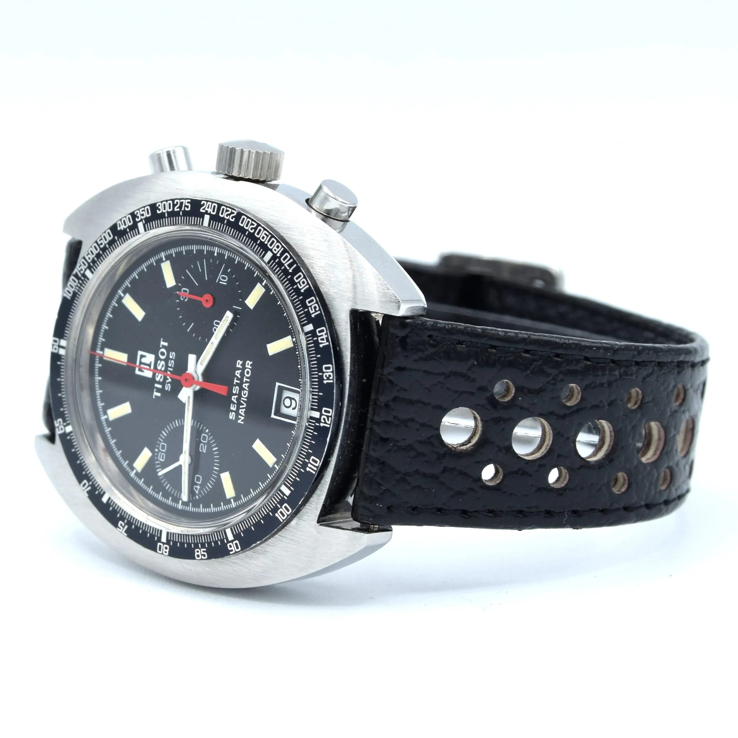 1974 Tissot Seastar Navigator Chronograph Wristwatch Model 40522 in Stainless Steel with Stunning Graphite grey Dial