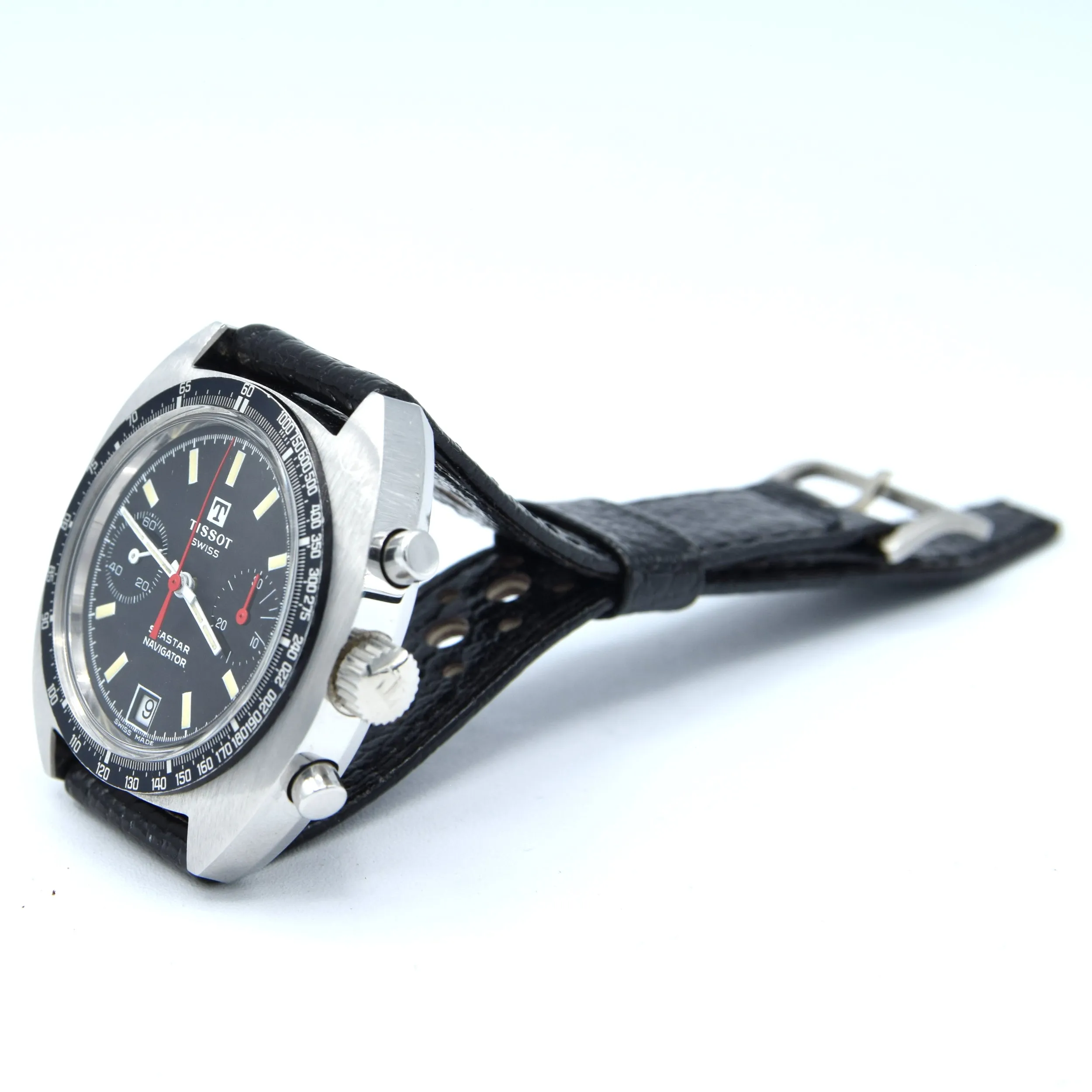1974 Tissot Seastar Navigator Chronograph Wristwatch Model 40522 in Stainless Steel with Stunning Graphite grey Dial