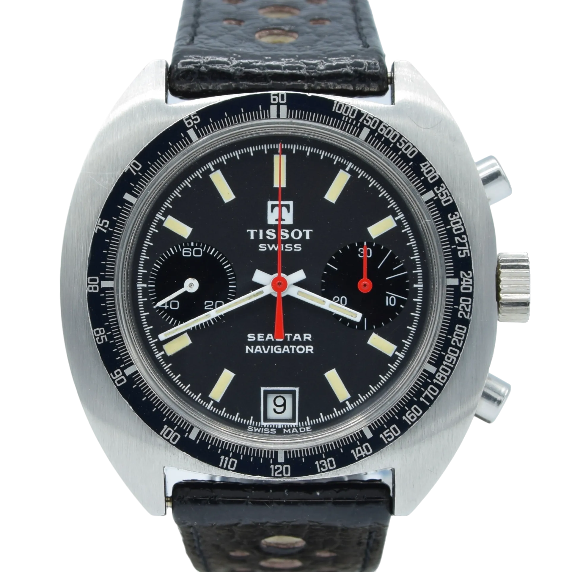 1974 Tissot Seastar Navigator Chronograph Wristwatch Model 40522 in Stainless Steel with Stunning Graphite grey Dial