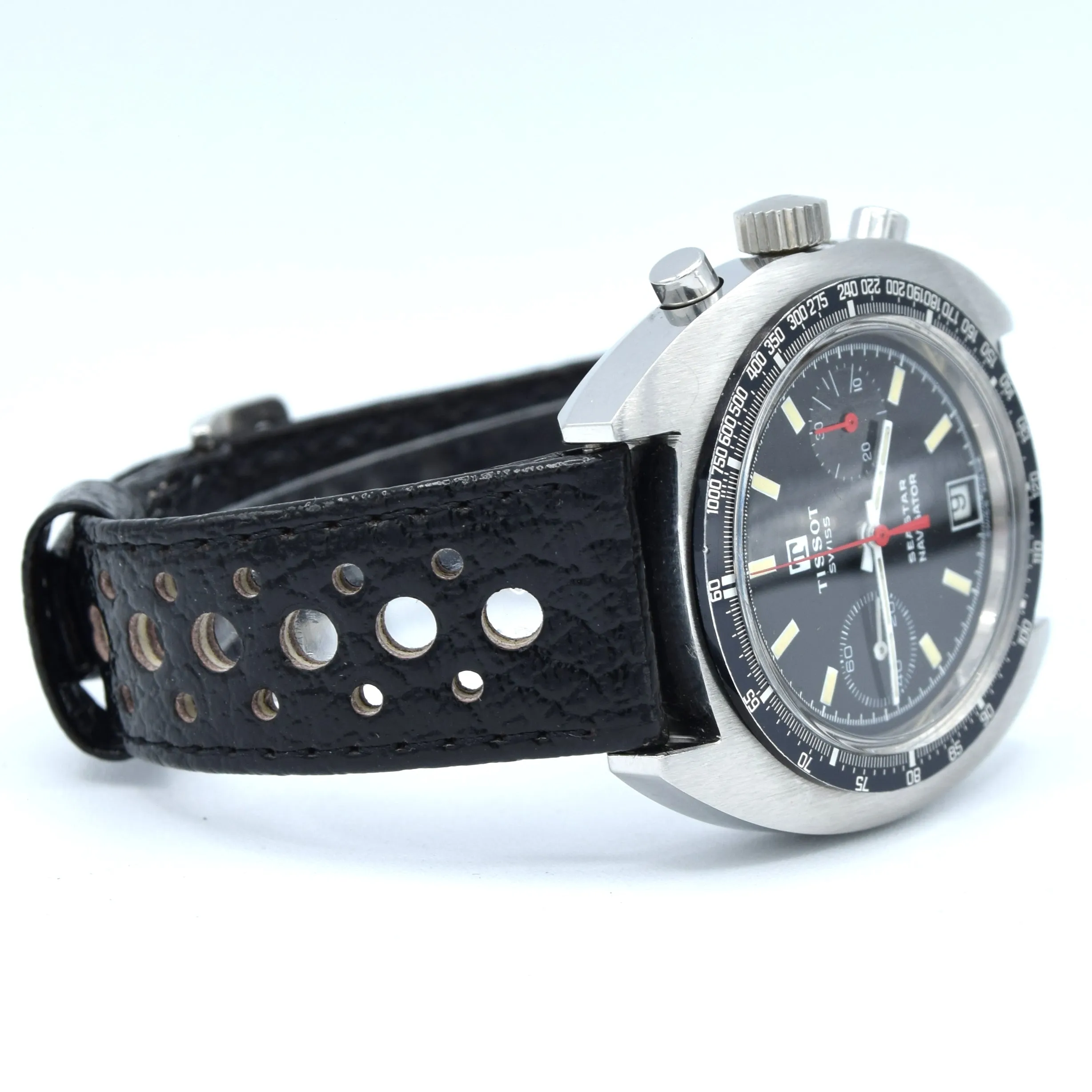 1974 Tissot Seastar Navigator Chronograph Wristwatch Model 40522 in Stainless Steel with Stunning Graphite grey Dial