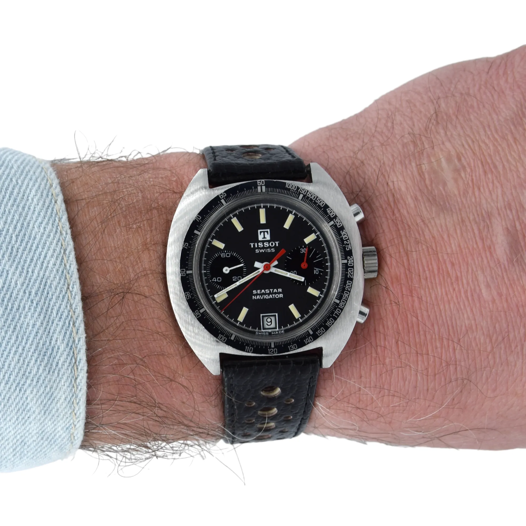 1974 Tissot Seastar Navigator Chronograph Wristwatch Model 40522 in Stainless Steel with Stunning Graphite grey Dial