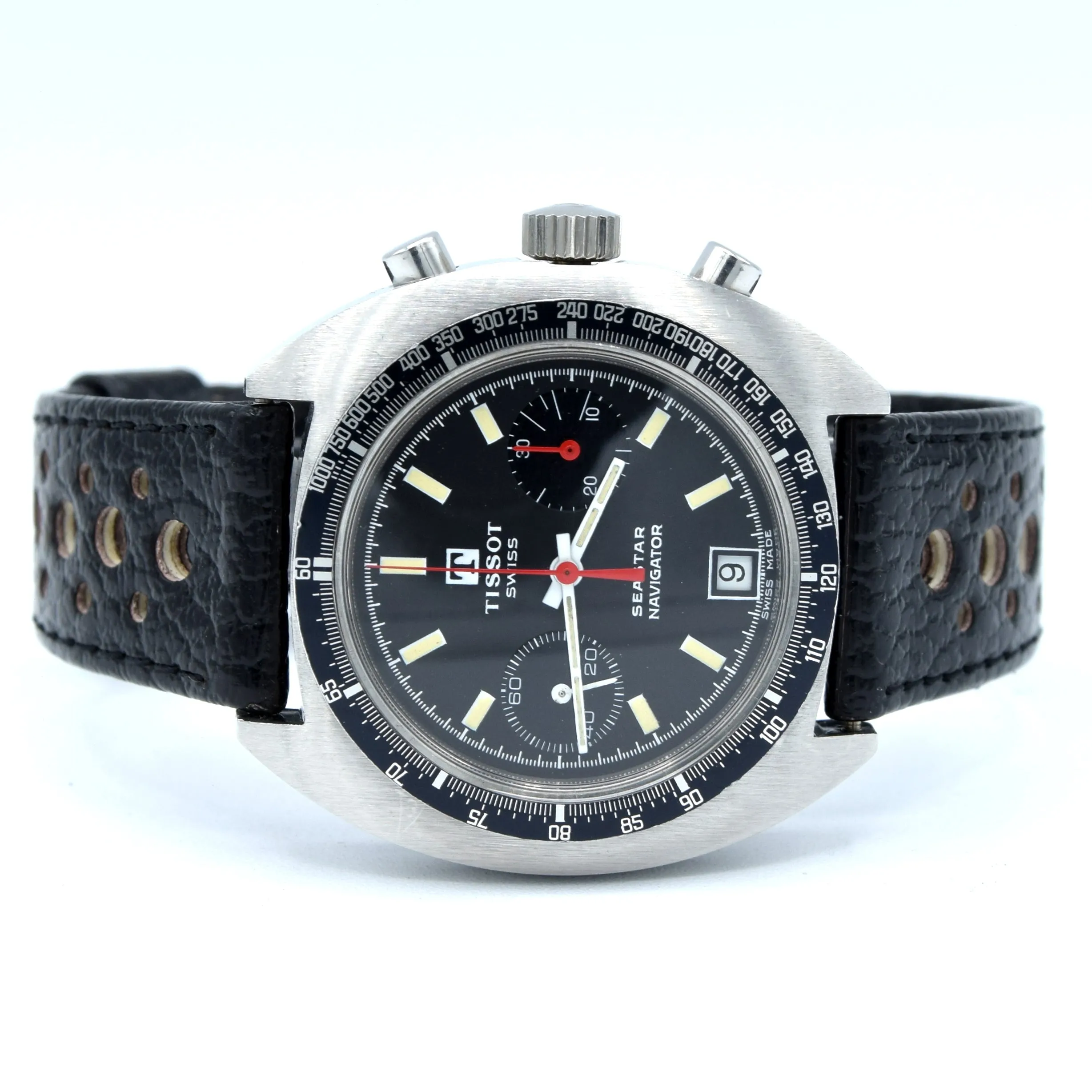 1974 Tissot Seastar Navigator Chronograph Wristwatch Model 40522 in Stainless Steel with Stunning Graphite grey Dial