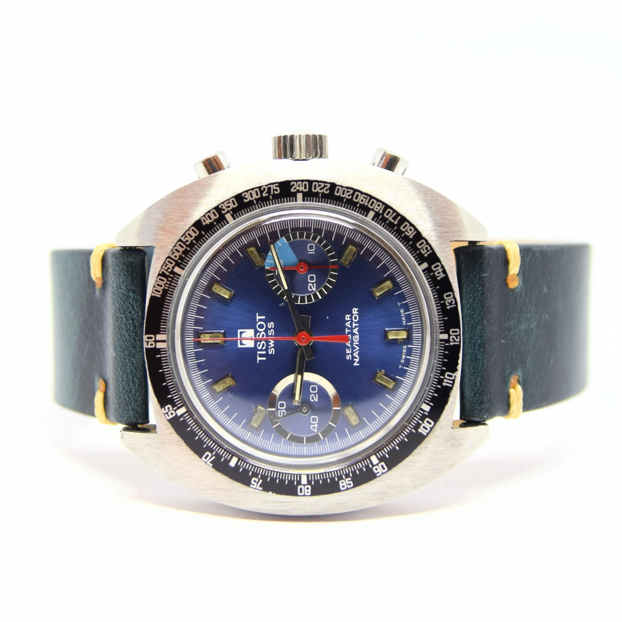 1974 Tissot Seastar Navigator Chronograph Wristwatch Model 40522 in Stainless Steel with Stunnng Blue Dial