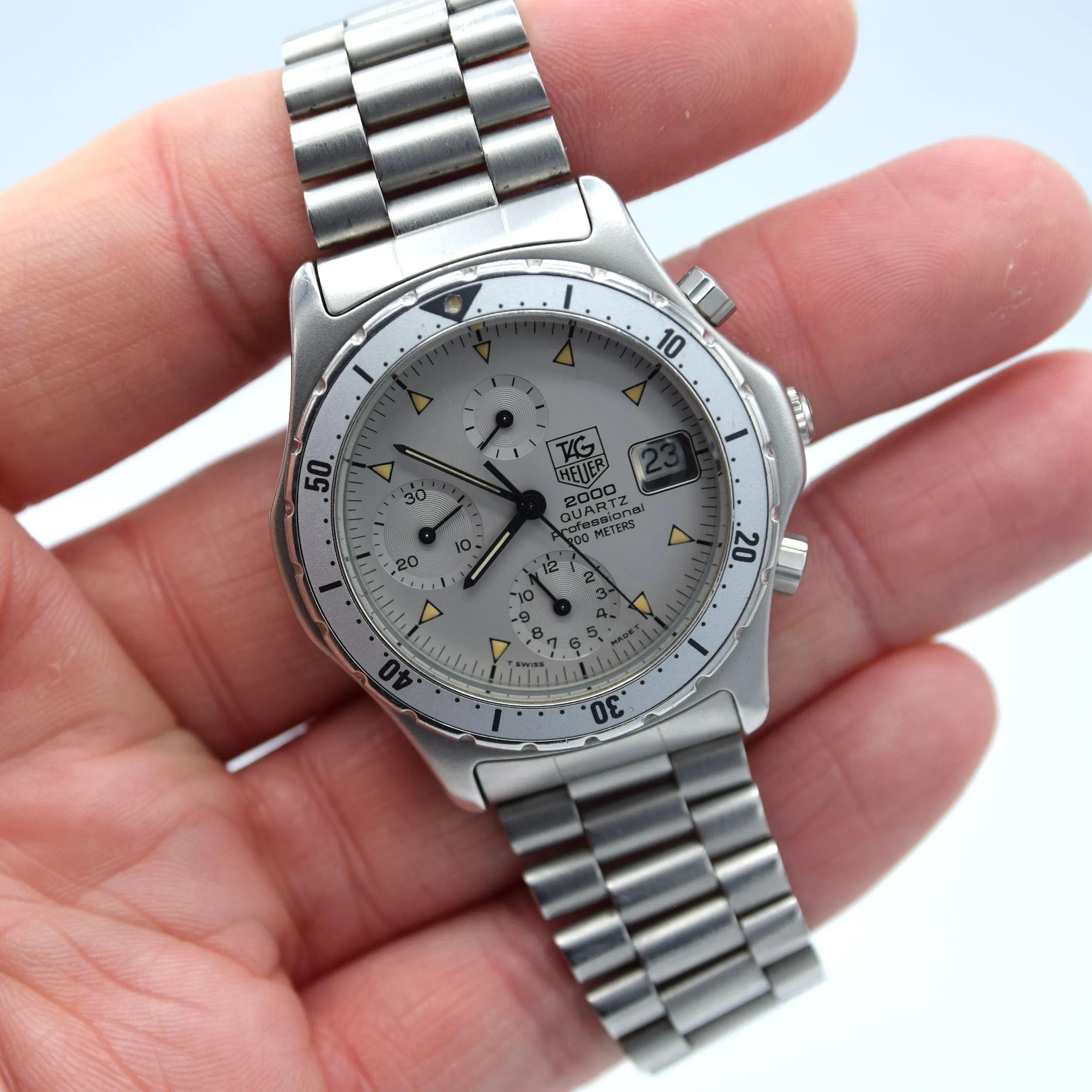 1985 TAG Heuer 2000 Series Chronograph Watch Model 272.006/1 Stainless Steel on Fliplock Bracelet with Box and Books Hardly Used