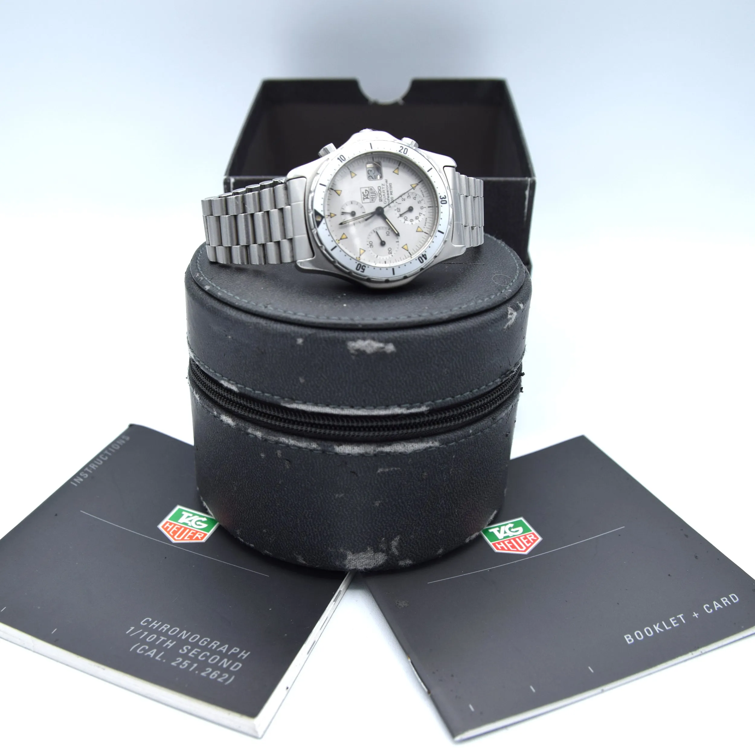 1985 TAG Heuer 2000 Series Chronograph Watch Model 272.006/1 Stainless Steel on Fliplock Bracelet with Box and Books Hardly Used