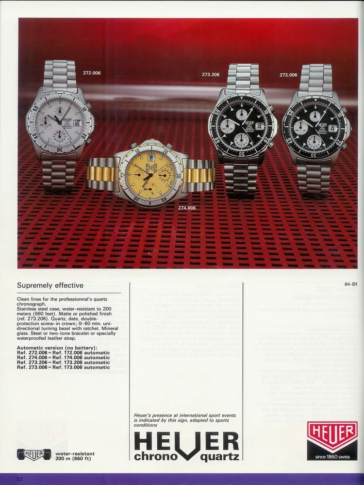 1985 TAG Heuer 2000 Series Chronograph Watch Model 272.006/1 Stainless Steel on Fliplock Bracelet with Box and Books Hardly Used