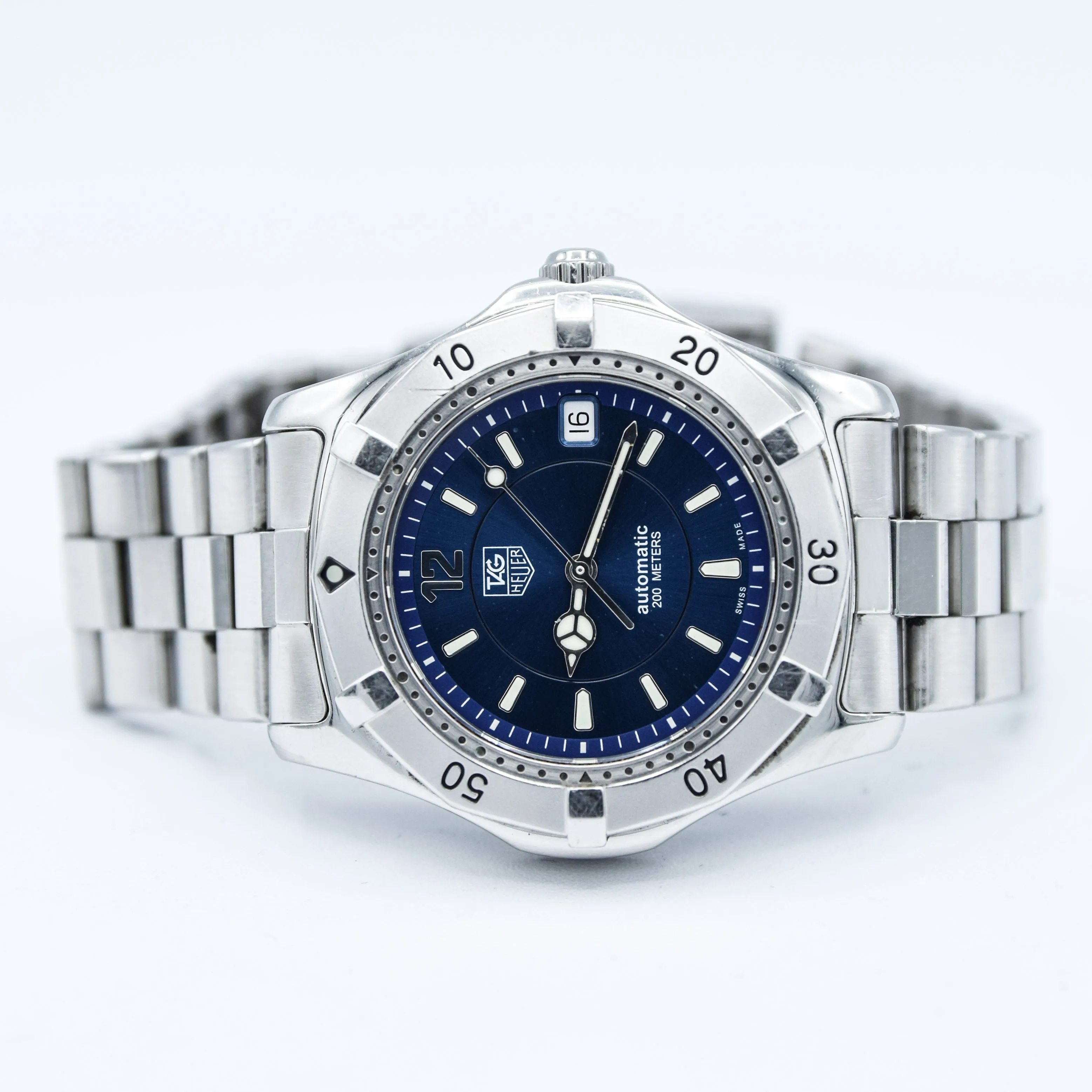 1990s TAG Heuer Automatic 2000 Series Dive Watch with Blue Dial Model 669.206F 38mm Stainless Steel on Fliplock Bracelet with Box