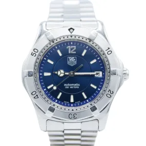 1990s TAG Heuer Automatic 2000 Series Dive Watch with Blue Dial Model 669.206F 38mm Stainless Steel on Fliplock Bracelet with Box