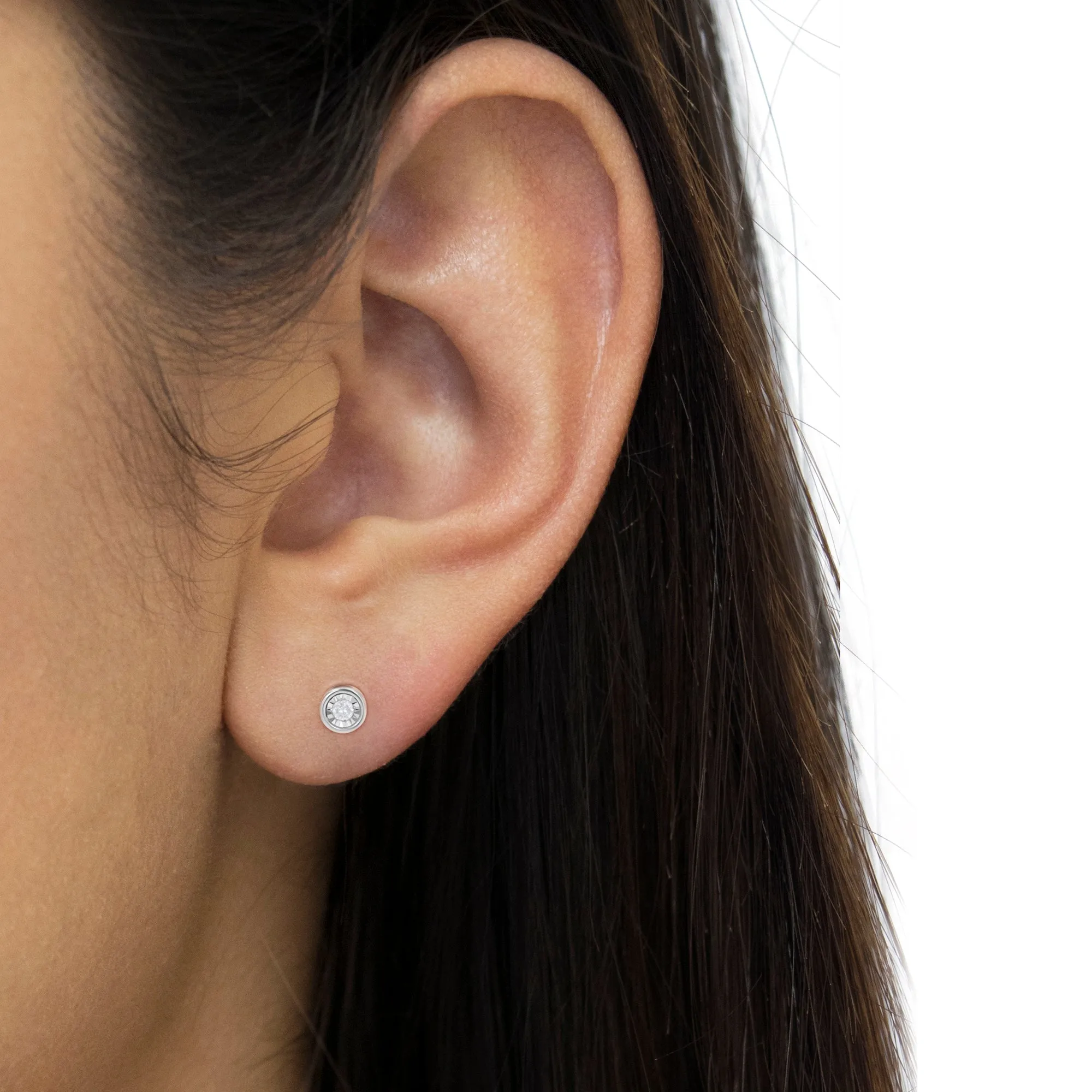.925 Sterling Silver 1/5 Cttw Round Brilliant-Cut Near Colorless Diamond Miracle-Set Bezel Barrel Style Stud Earrings