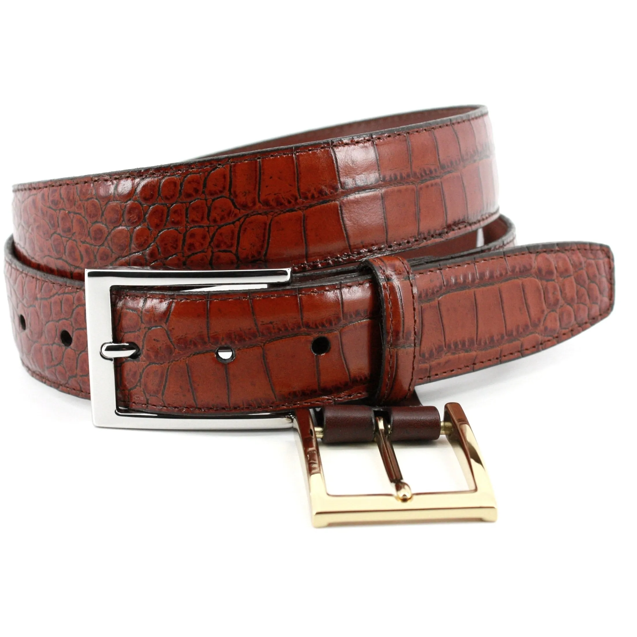 Alligator Grain Embossed Calfskin Belt with Interchangeable Buckles in Cognac by Torino Leather