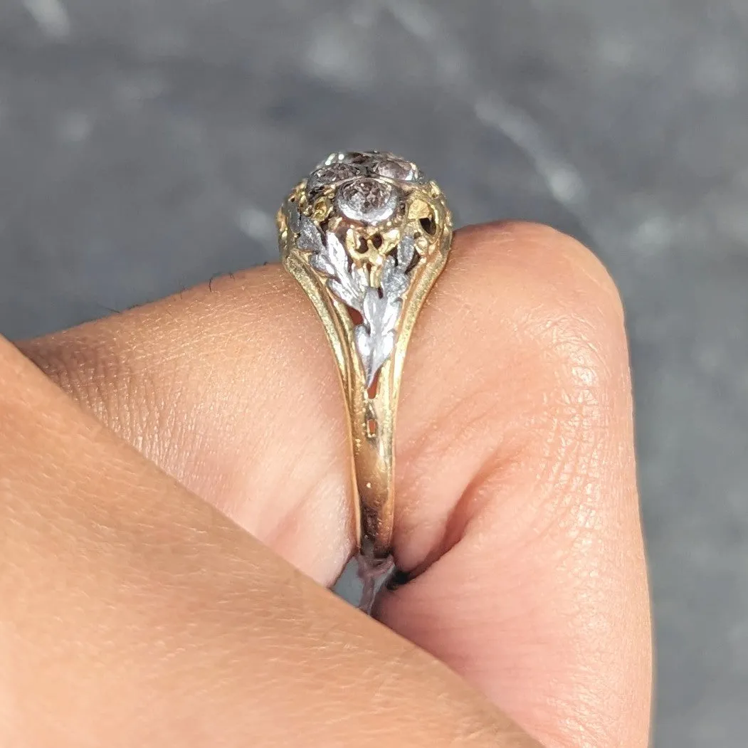 Arts & Crafts 1.95 CTW Old European Cut Diamond Platinum-Topped 14 Karat Yellow Gold Scrolling Foliate Antique Engagement Ring