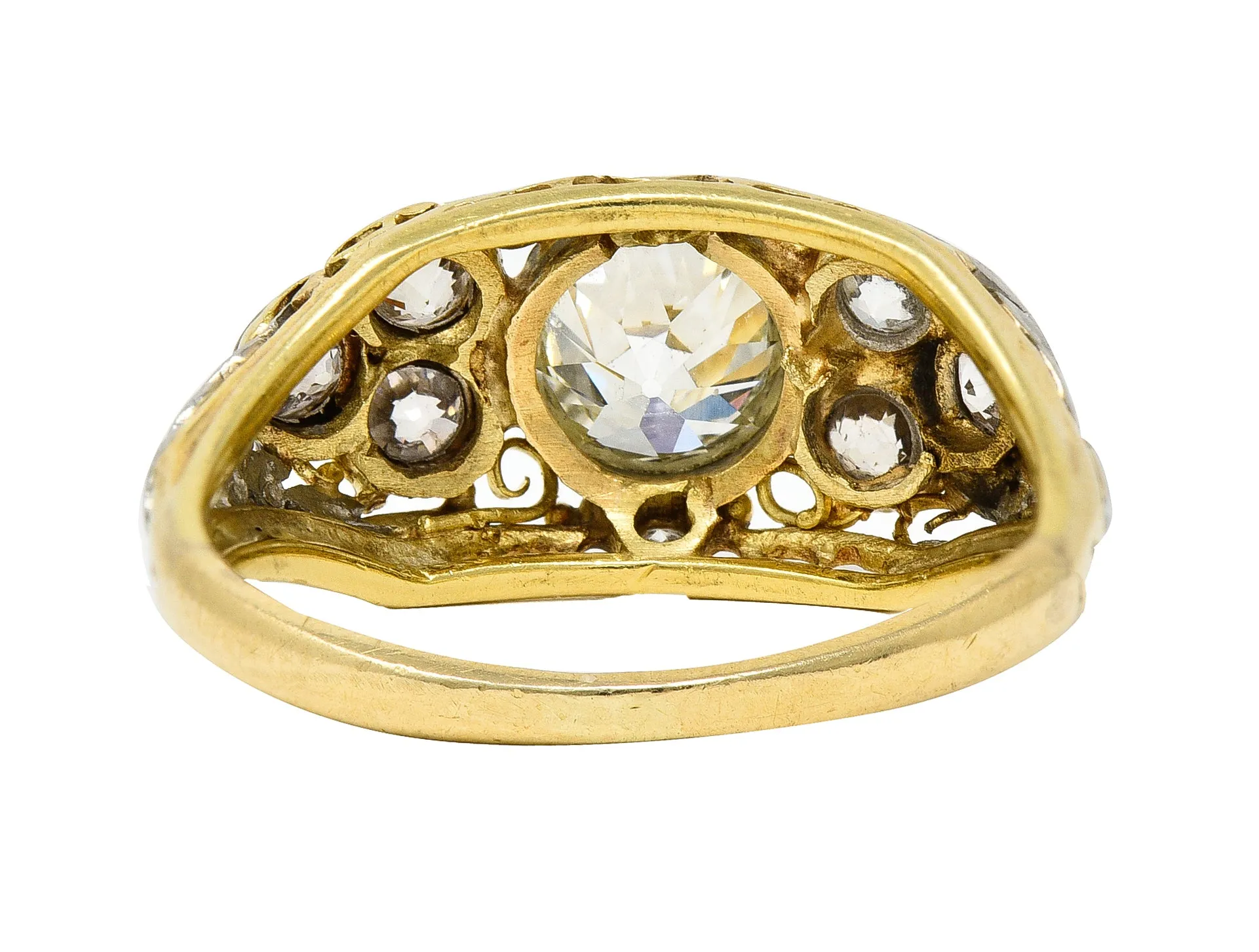 Arts & Crafts 1.95 CTW Old European Cut Diamond Platinum-Topped 14 Karat Yellow Gold Scrolling Foliate Antique Engagement Ring