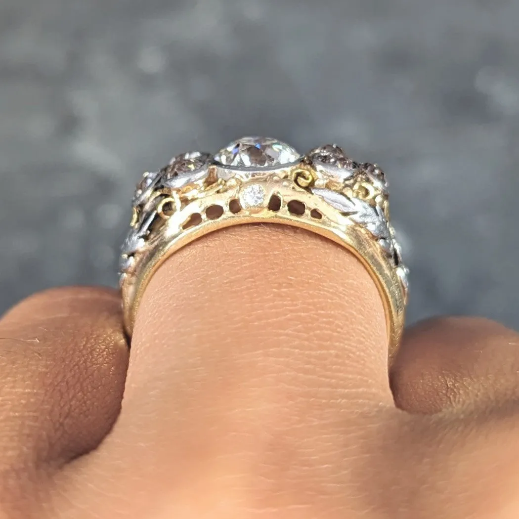 Arts & Crafts 1.95 CTW Old European Cut Diamond Platinum-Topped 14 Karat Yellow Gold Scrolling Foliate Antique Engagement Ring