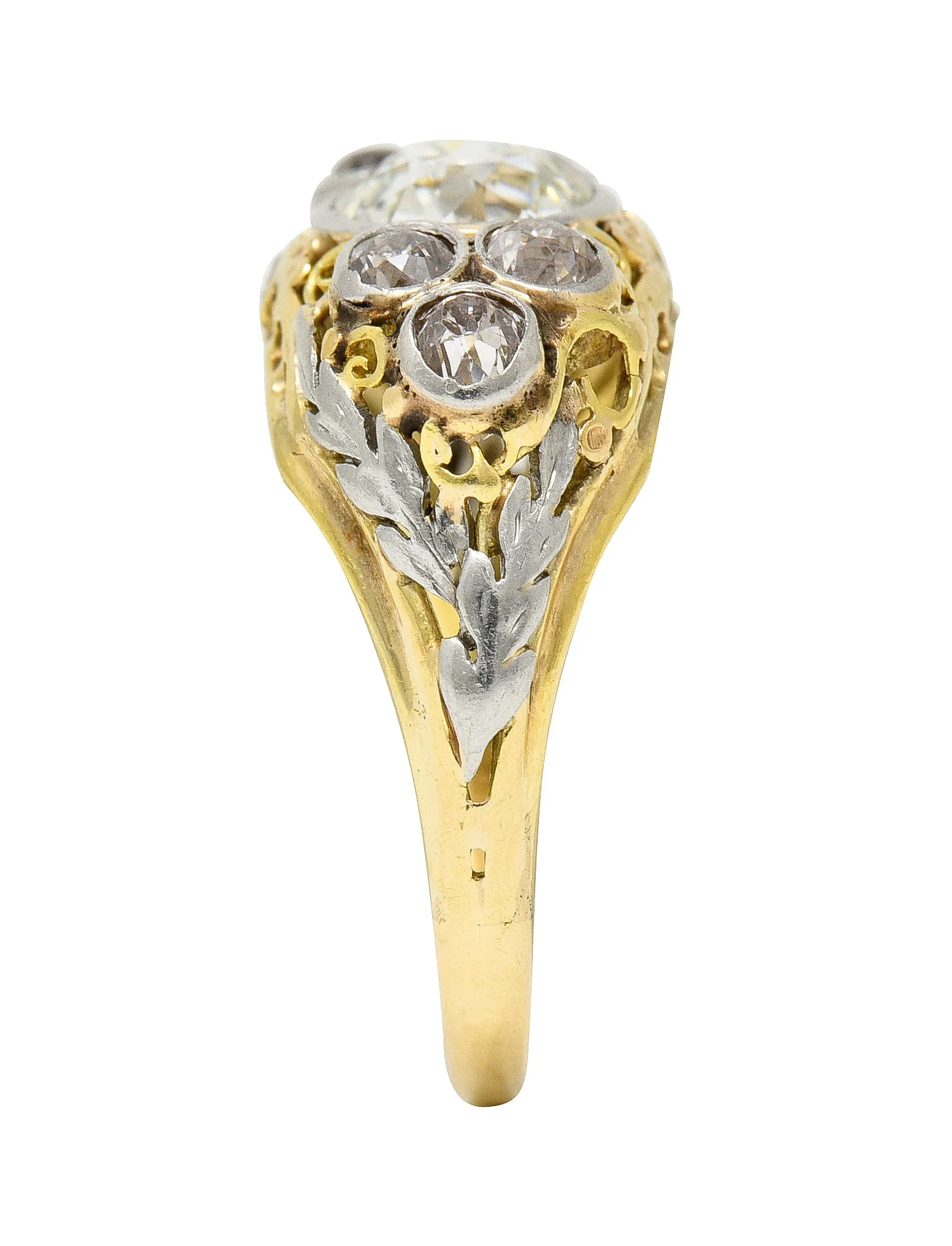 Arts & Crafts 1.95 CTW Old European Cut Diamond Platinum-Topped 14 Karat Yellow Gold Scrolling Foliate Antique Engagement Ring