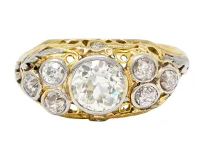 Arts & Crafts 1.95 CTW Old European Cut Diamond Platinum-Topped 14 Karat Yellow Gold Scrolling Foliate Antique Engagement Ring
