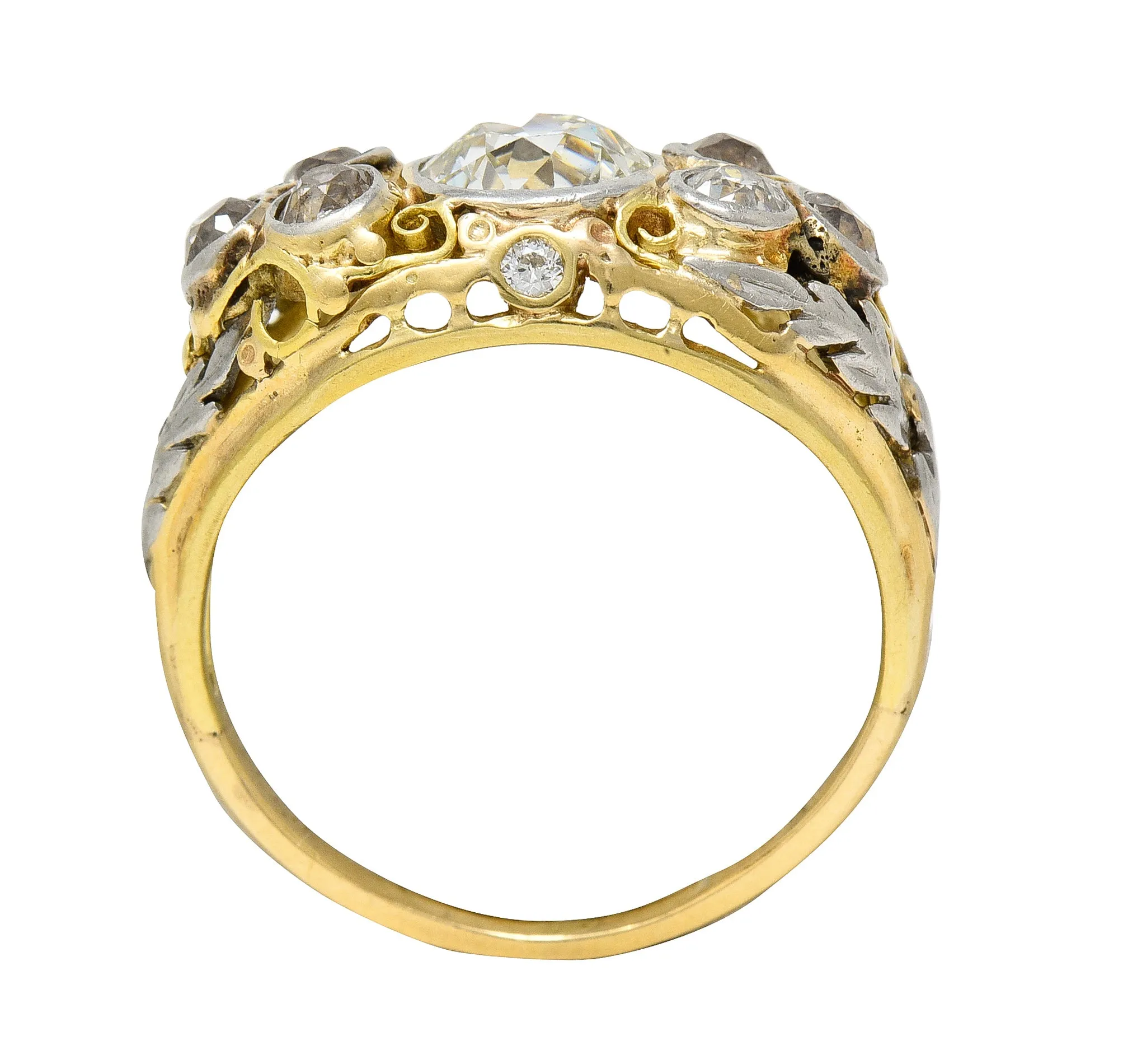 Arts & Crafts 1.95 CTW Old European Cut Diamond Platinum-Topped 14 Karat Yellow Gold Scrolling Foliate Antique Engagement Ring