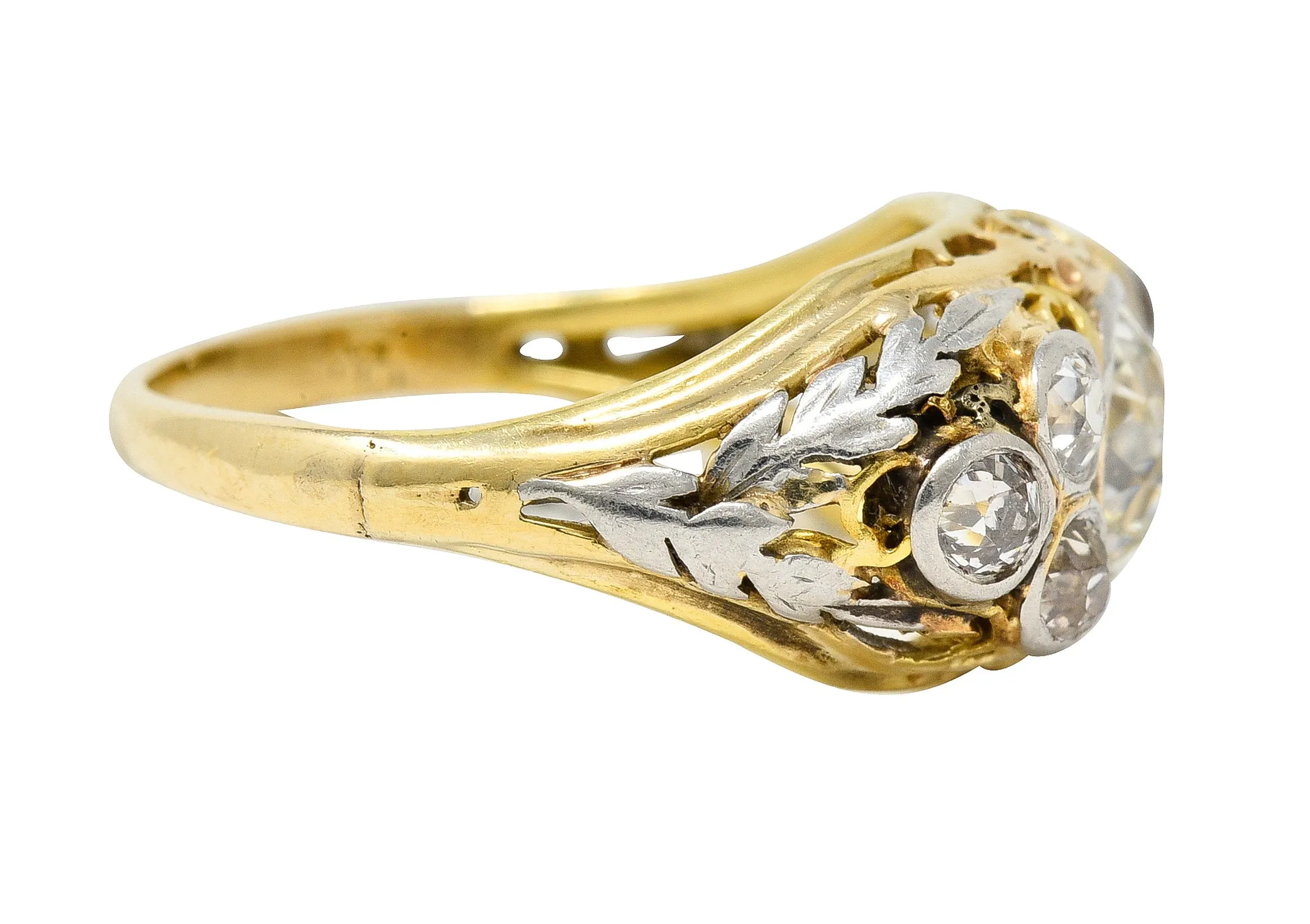 Arts & Crafts 1.95 CTW Old European Cut Diamond Platinum-Topped 14 Karat Yellow Gold Scrolling Foliate Antique Engagement Ring