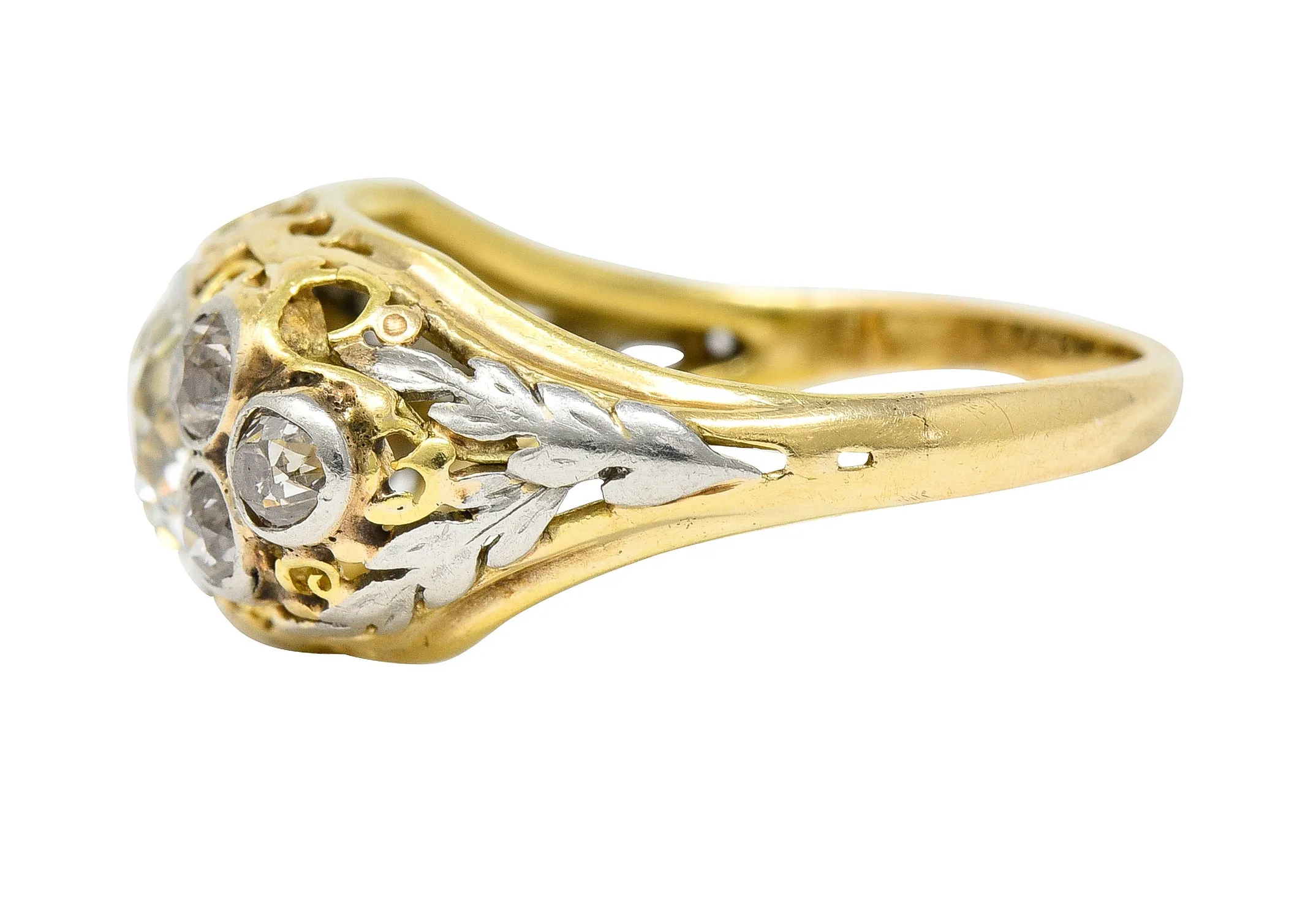 Arts & Crafts 1.95 CTW Old European Cut Diamond Platinum-Topped 14 Karat Yellow Gold Scrolling Foliate Antique Engagement Ring