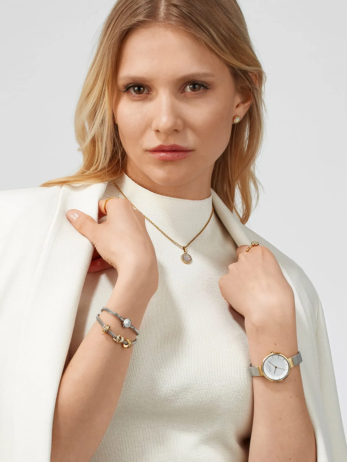 Bering Solar Stainless Steel Mesh & Gold Case Ladies Watch