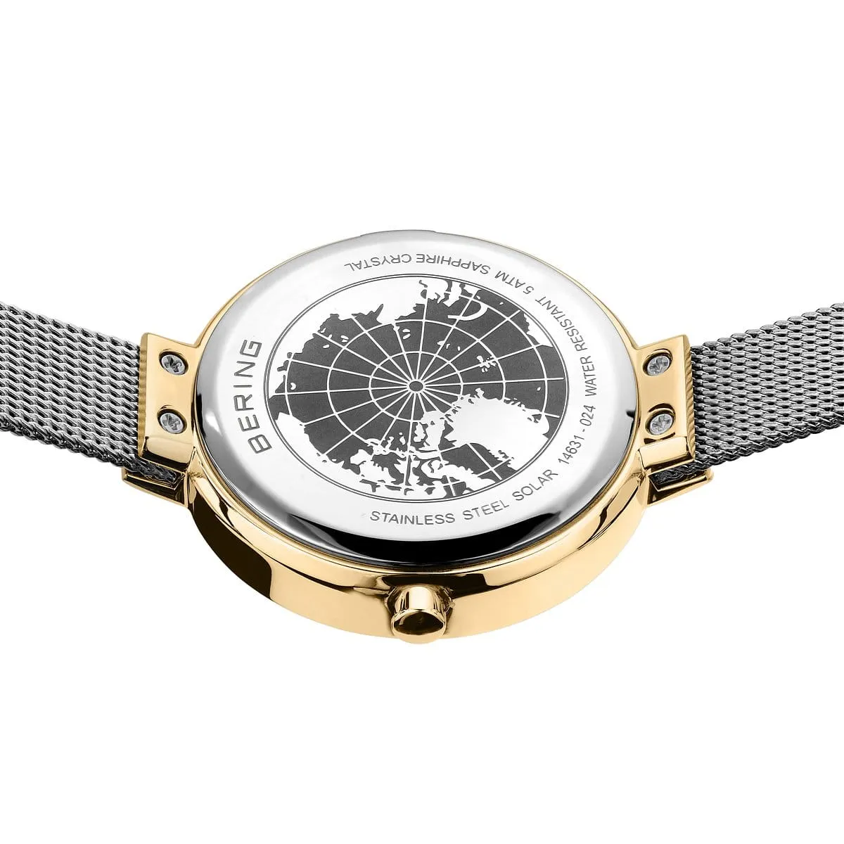 Bering Solar Stainless Steel Mesh & Gold Case Ladies Watch