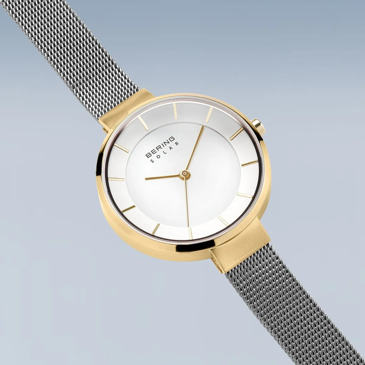 Bering Solar Stainless Steel Mesh & Gold Case Ladies Watch