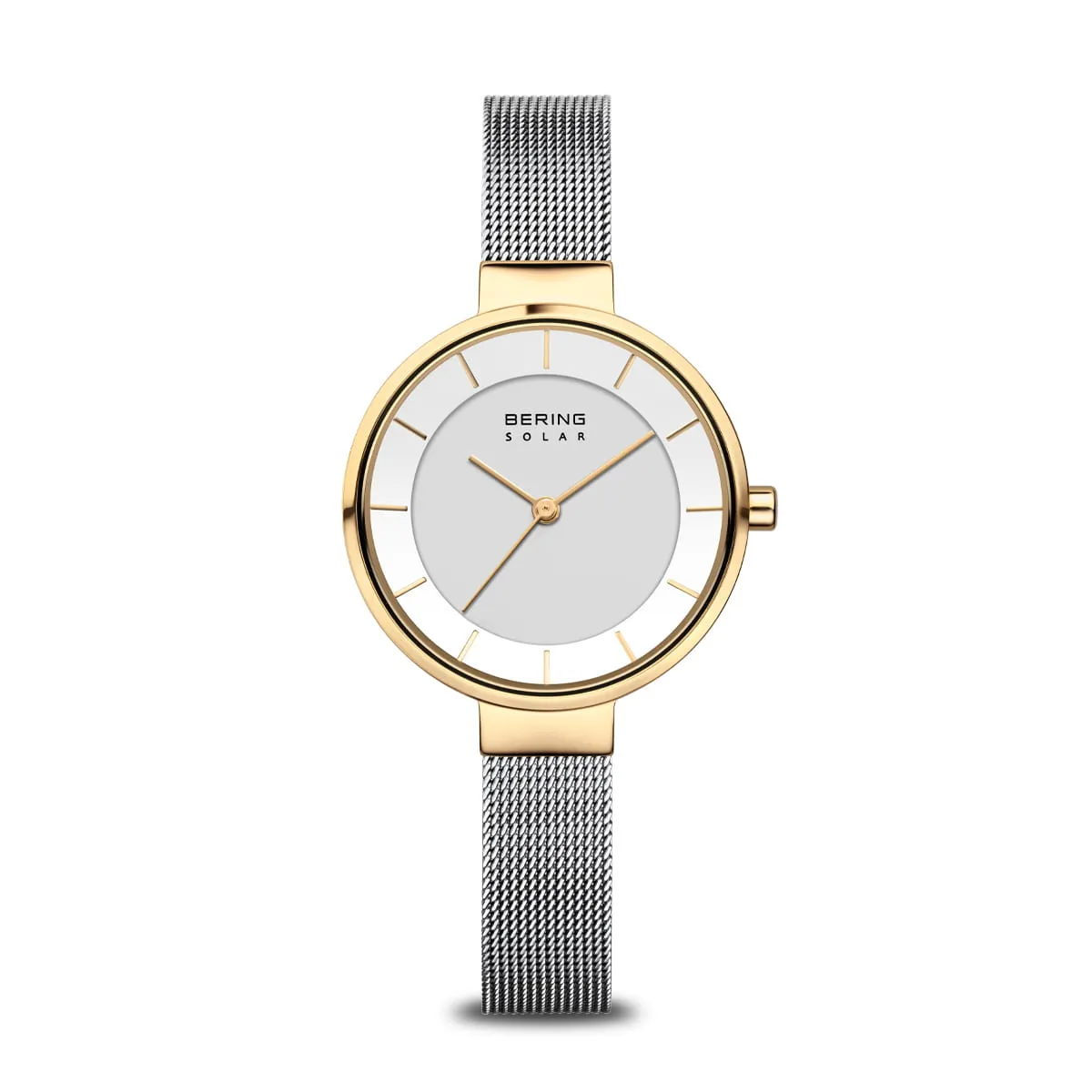 Bering Solar Stainless Steel Mesh & Gold Case Ladies Watch