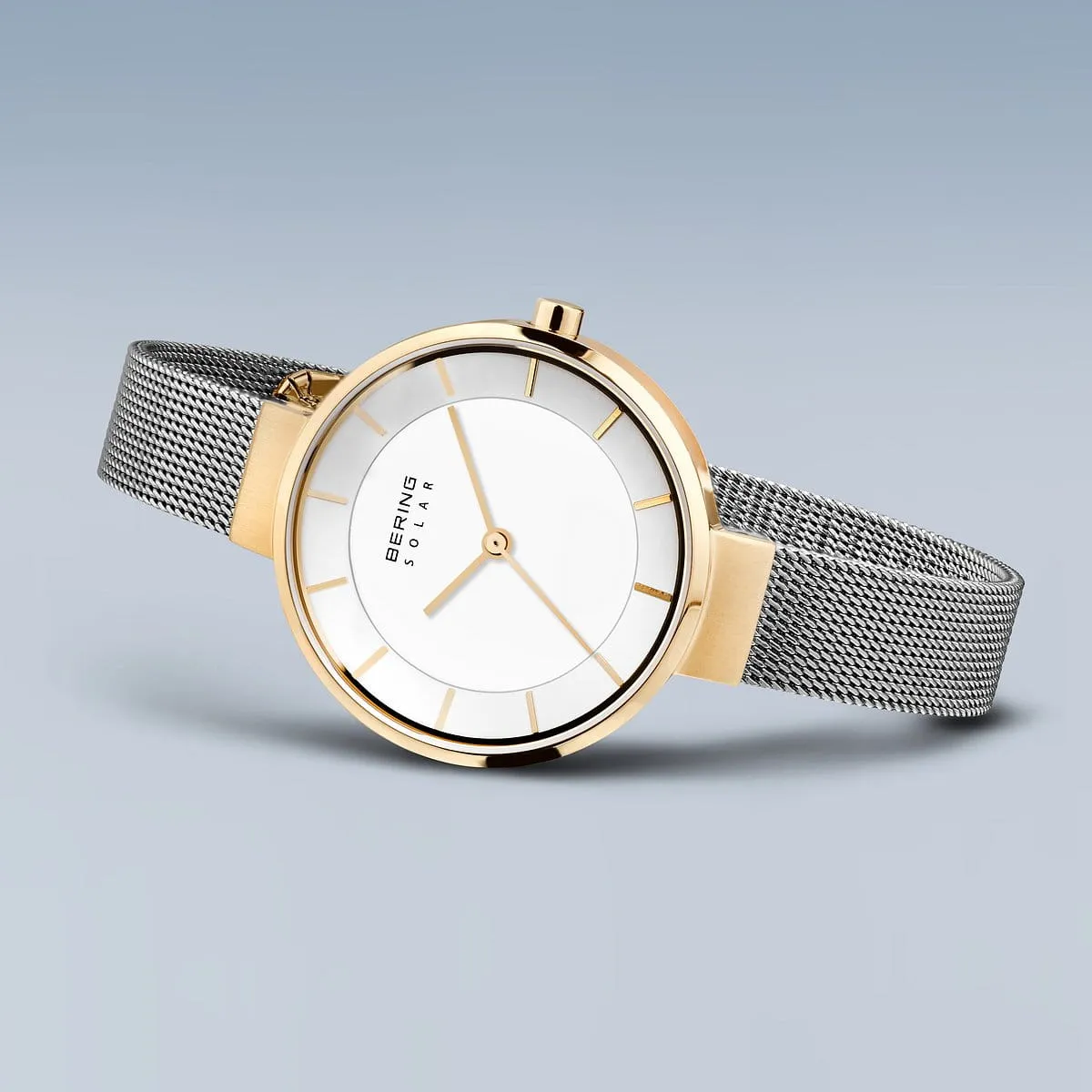Bering Solar Stainless Steel Mesh & Gold Case Ladies Watch