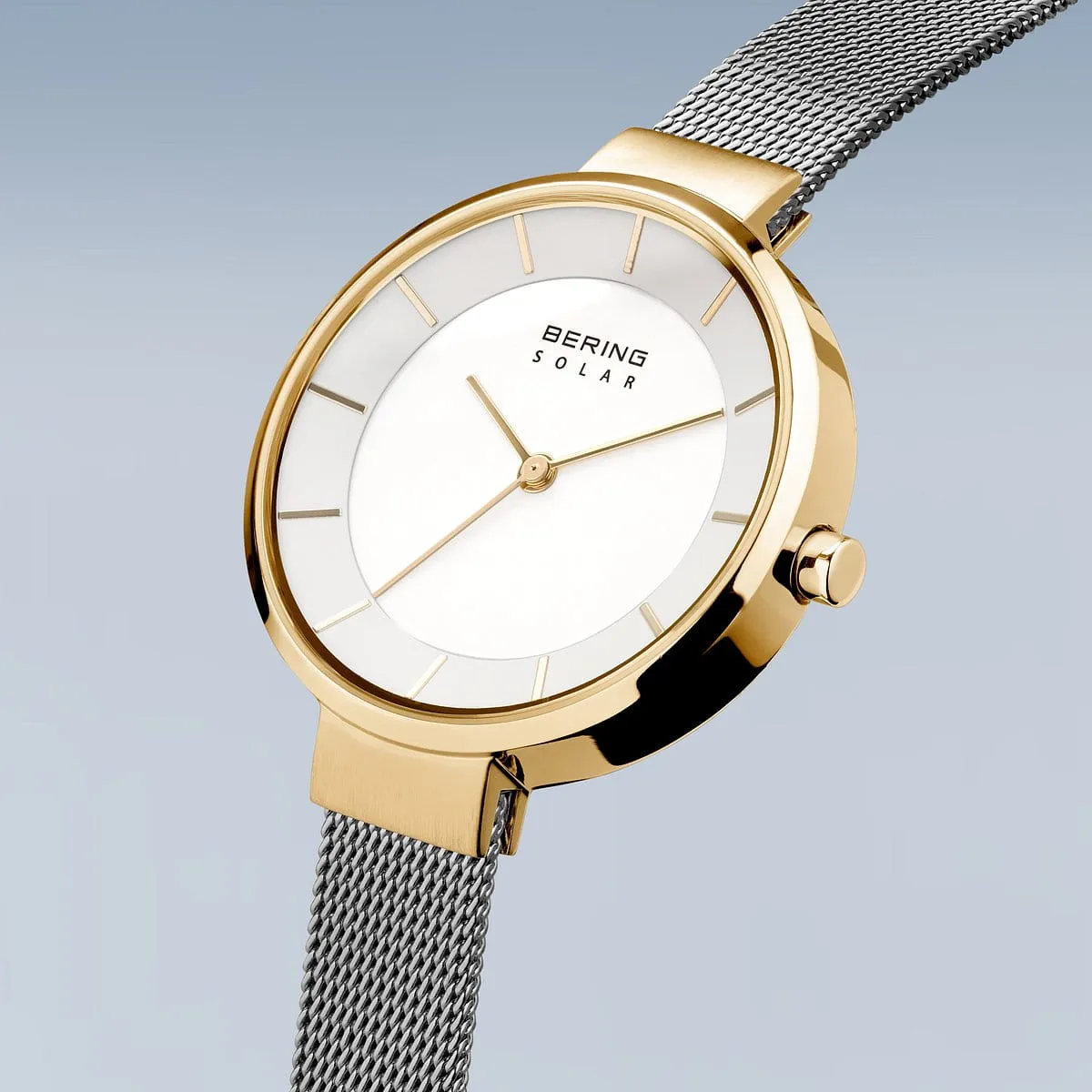 Bering Solar Stainless Steel Mesh & Gold Case Ladies Watch
