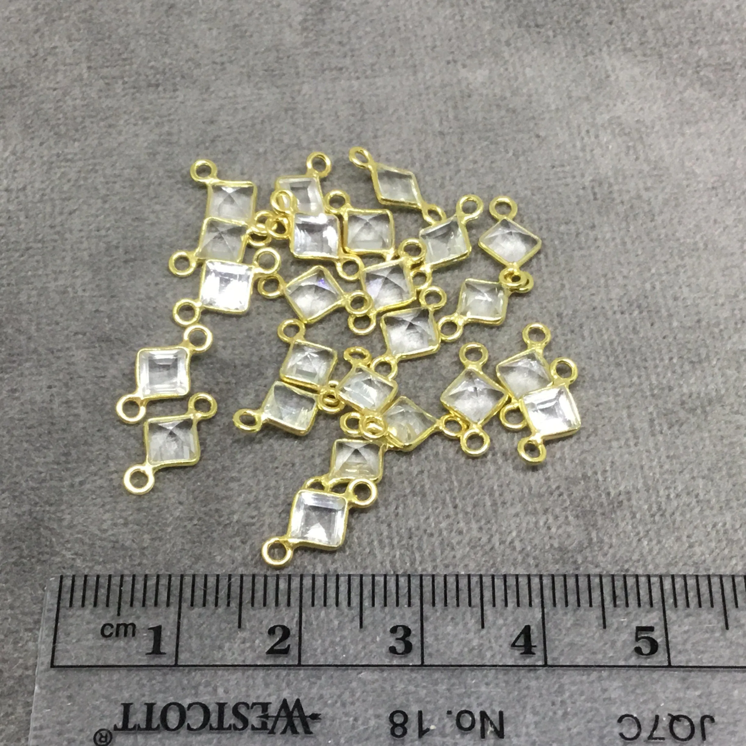 BULK PACK of Six (6) Gold Sterling Silver Pointed/Cut Stone Faceted Diamond Shaped Clear Quartz Bezel Connectors - Measuring 4 x 4mm